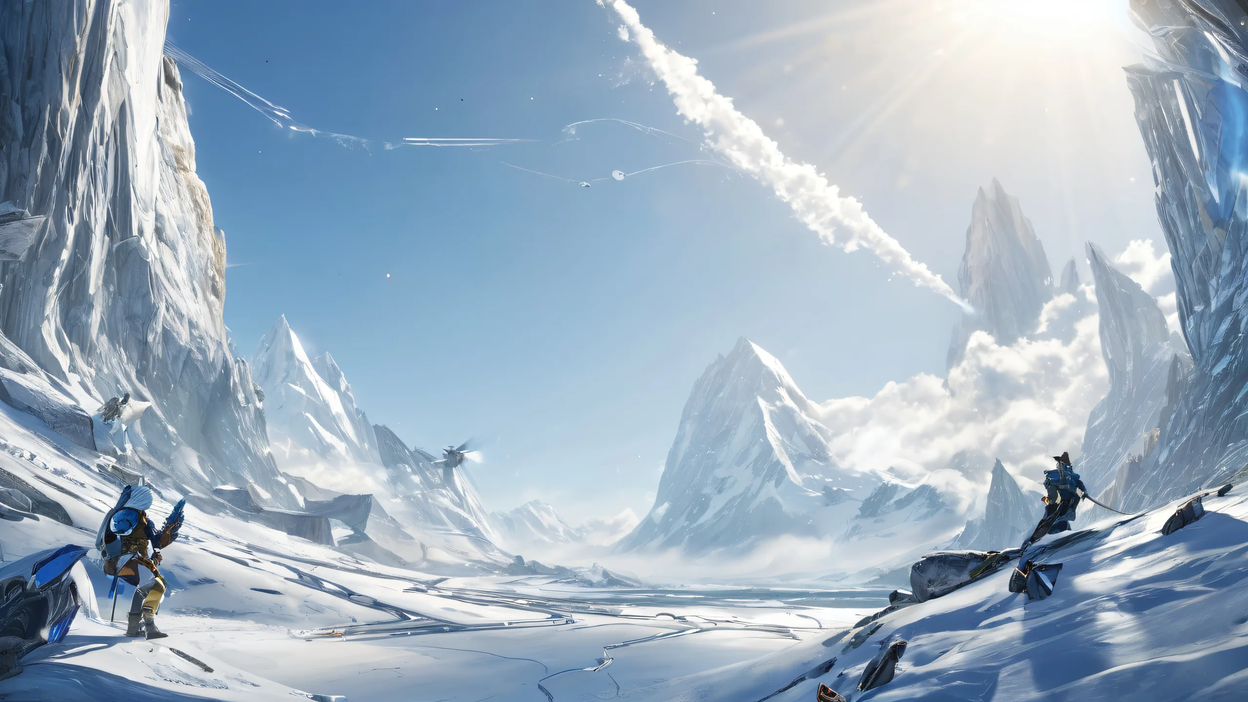 Stunning Ethereal Realms Unveiled Wallpaper Award-winning digital art of video game characters in a dark blue and silver low-light scene suitable for desktop or PC.