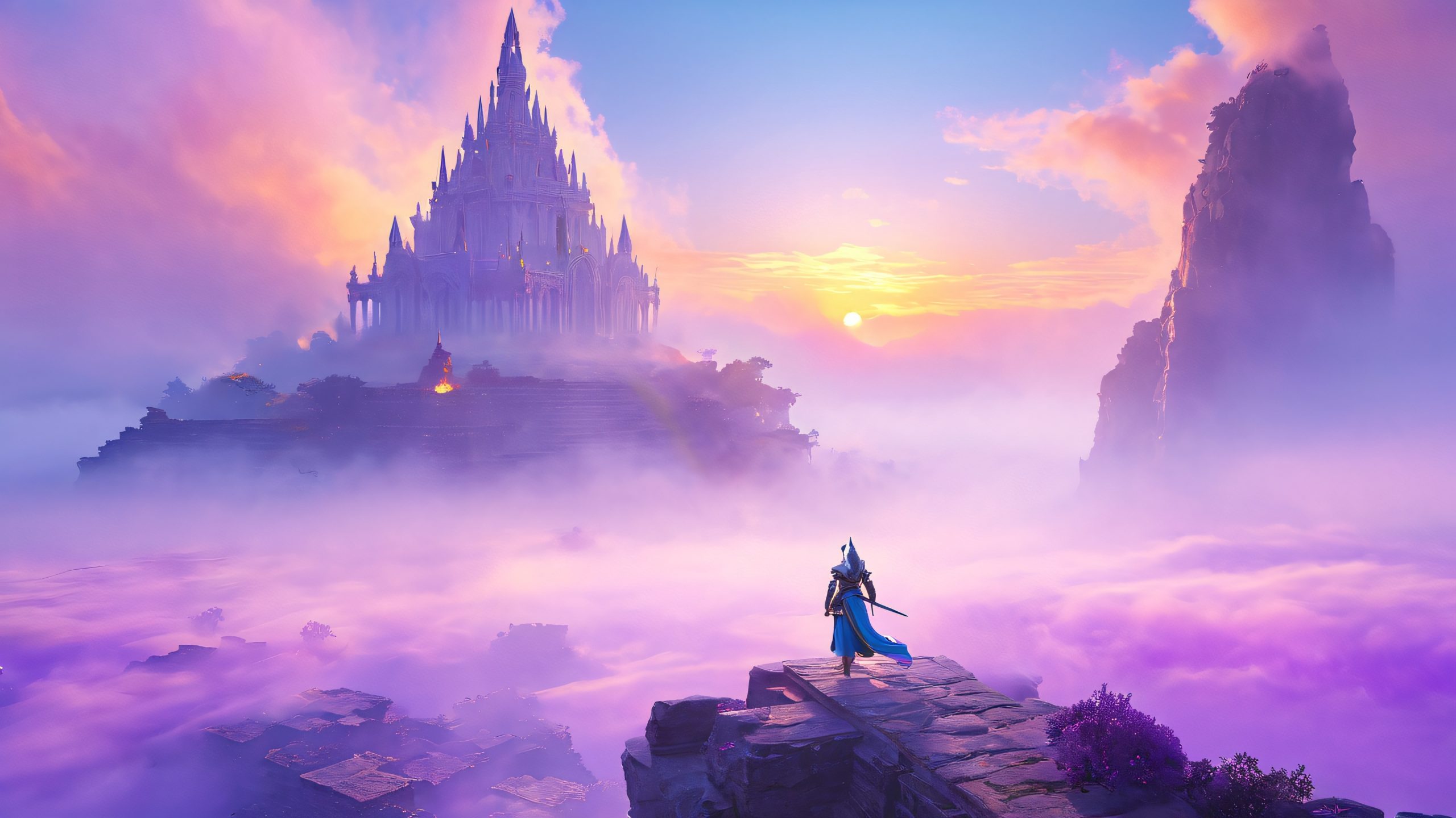 Stunning Ethereal Ruins Guardians 4K Wallpaper Two powerful warriors standing back-to-back amidst a mystical realm of interconnected ruins on a desktop/pc background.