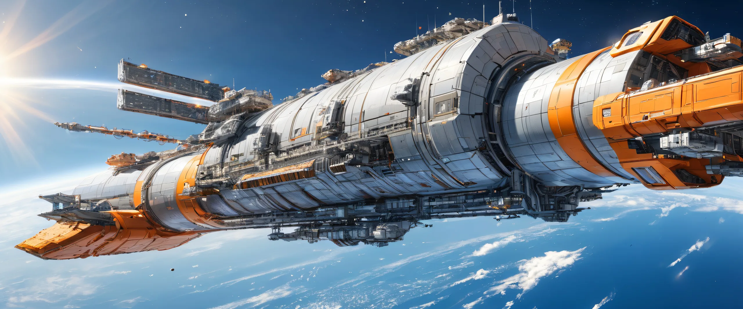 Ultra HD Ethereal Space Odyssey Wallpaper Breathtaking space station desktop wallpaper for PC/Computer Desktop with industrial and science fiction elements, high contrast lighting and metallic colors.