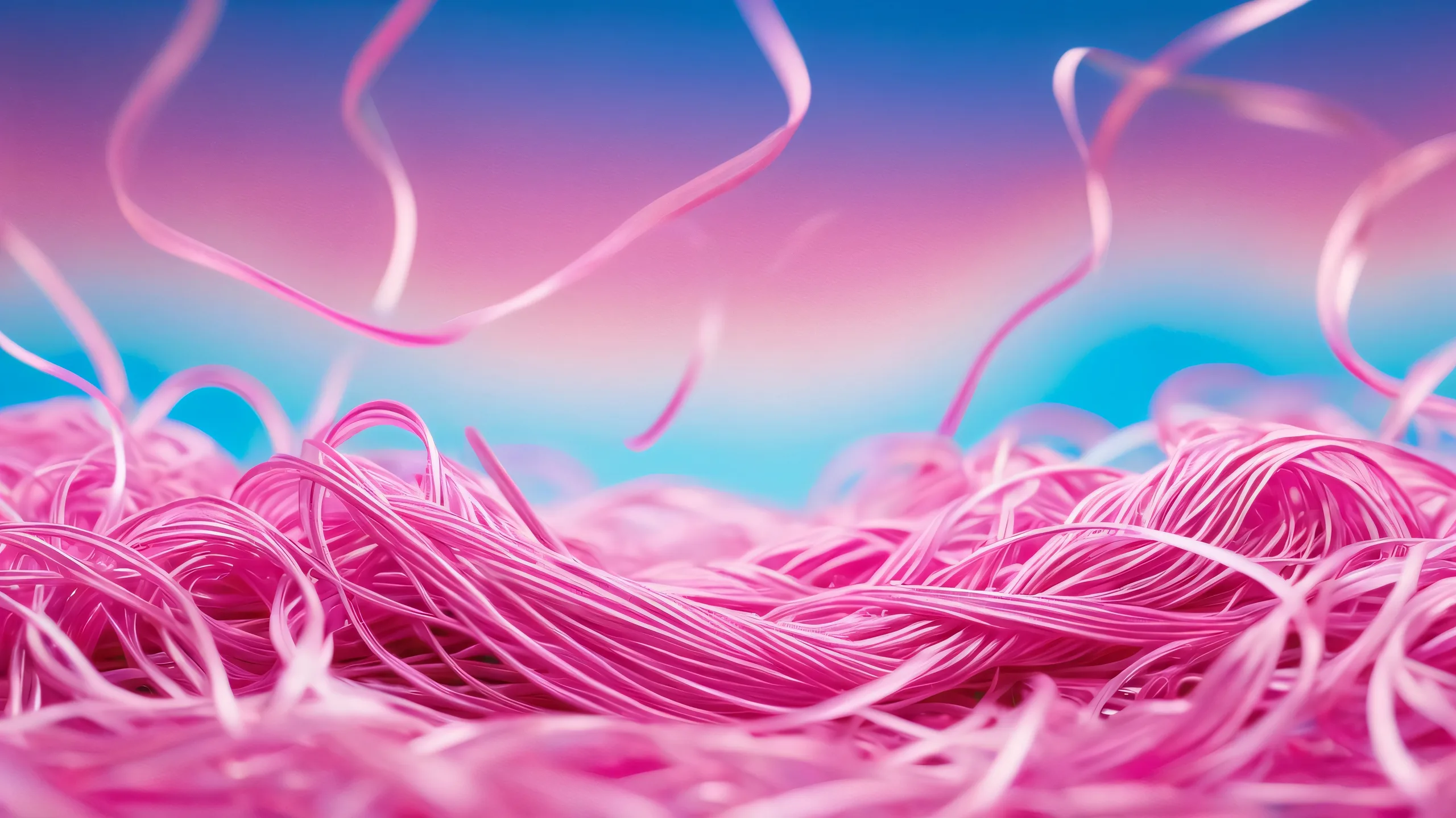 4K Ethereal Thread Vortex Wallpaper for PC/Mac Mesmerizing tapestry of tangled threads with confetti-like scraps swirling around a central axis, set against a gradient-hued background for desktop/pc