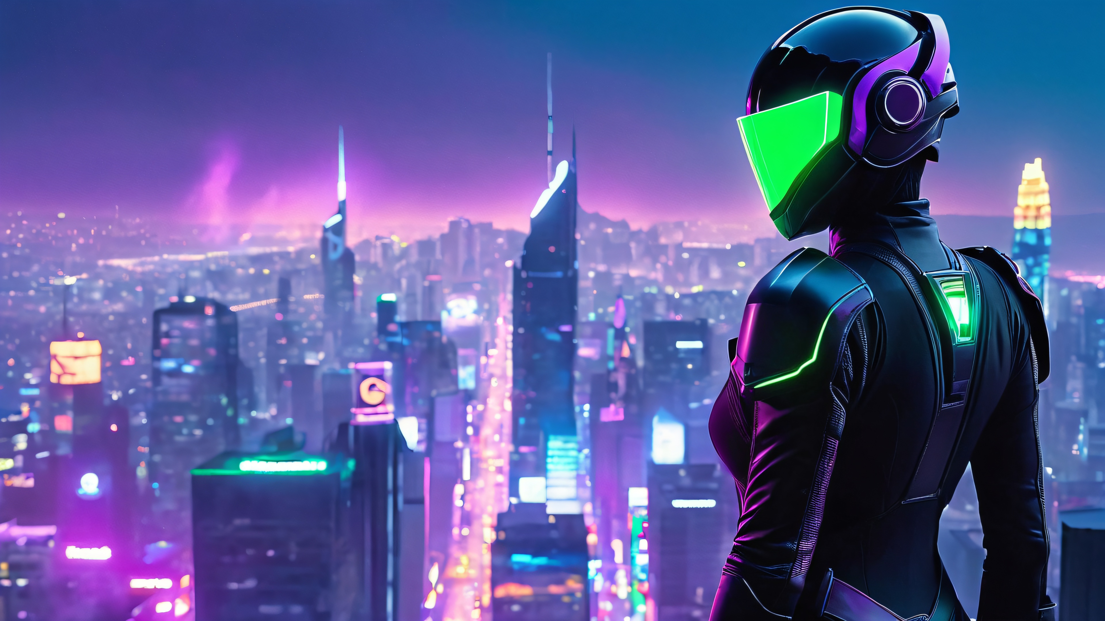 A lone vigilante stands atop a skyscraper's rooftop, gazing out at the cityscape amidst purple smoke and neon lights.