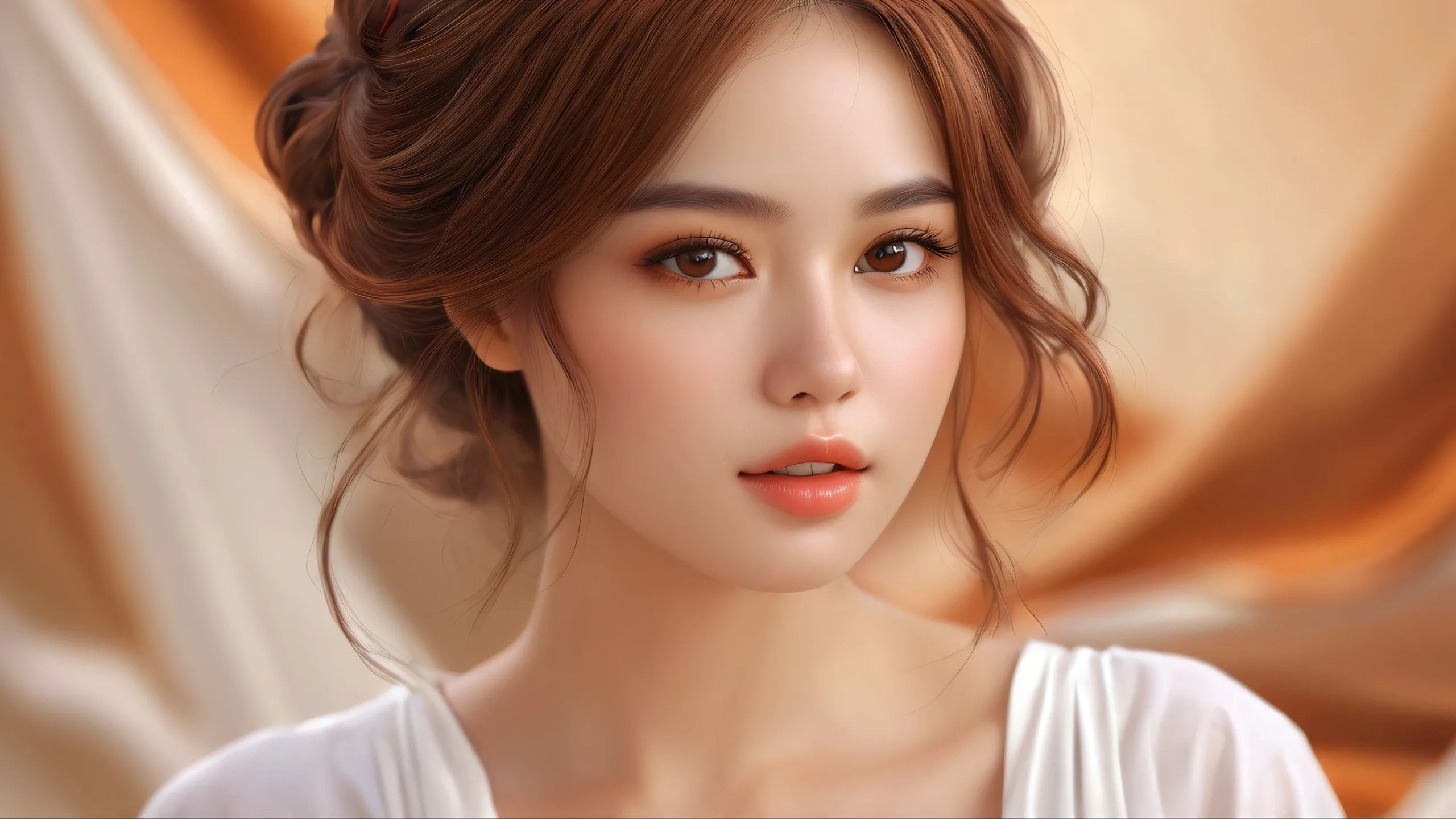 Ultra HD Ethereal Vistas of Serenity WallpaperPerfekt für einen PC oder Desktop A beautiful desktop wallpaper featuring a woman in a vast, pure void with extreme depth of field and ethereal lighting, perfect for a PC or Desktop.