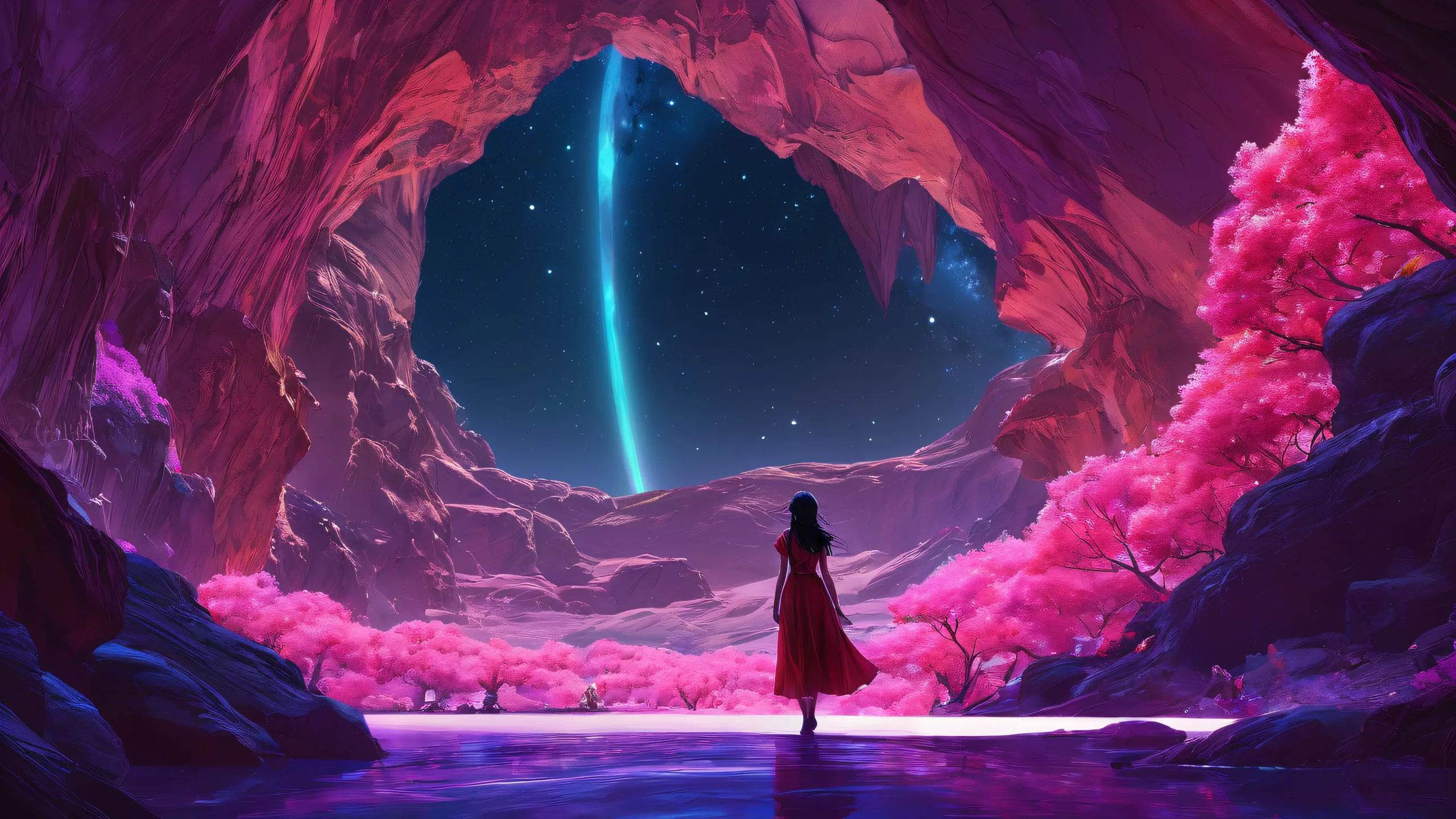 A mystical desktop scene of a girl in a vast, dark void with subtle starlight and ethereal lighting for Desktop/PC