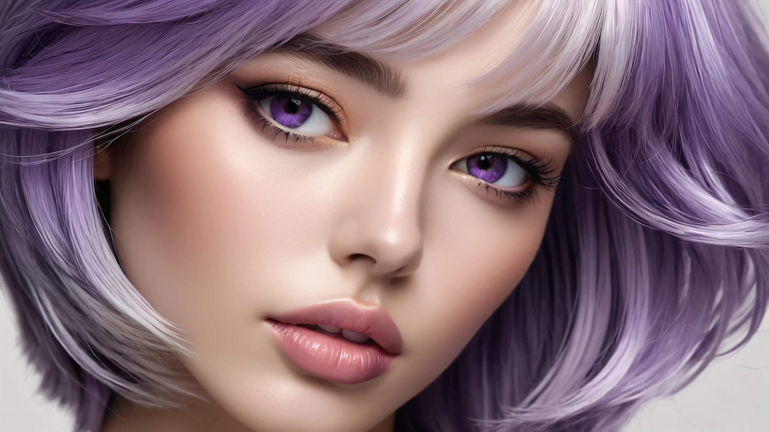 Breathtaking desktop wallpaper featuring a perfectly clean void on a Desktop/PC, showcasing refined features and detailed two-tone silver and lavender hair against deep perfect blacks and striking contrast.