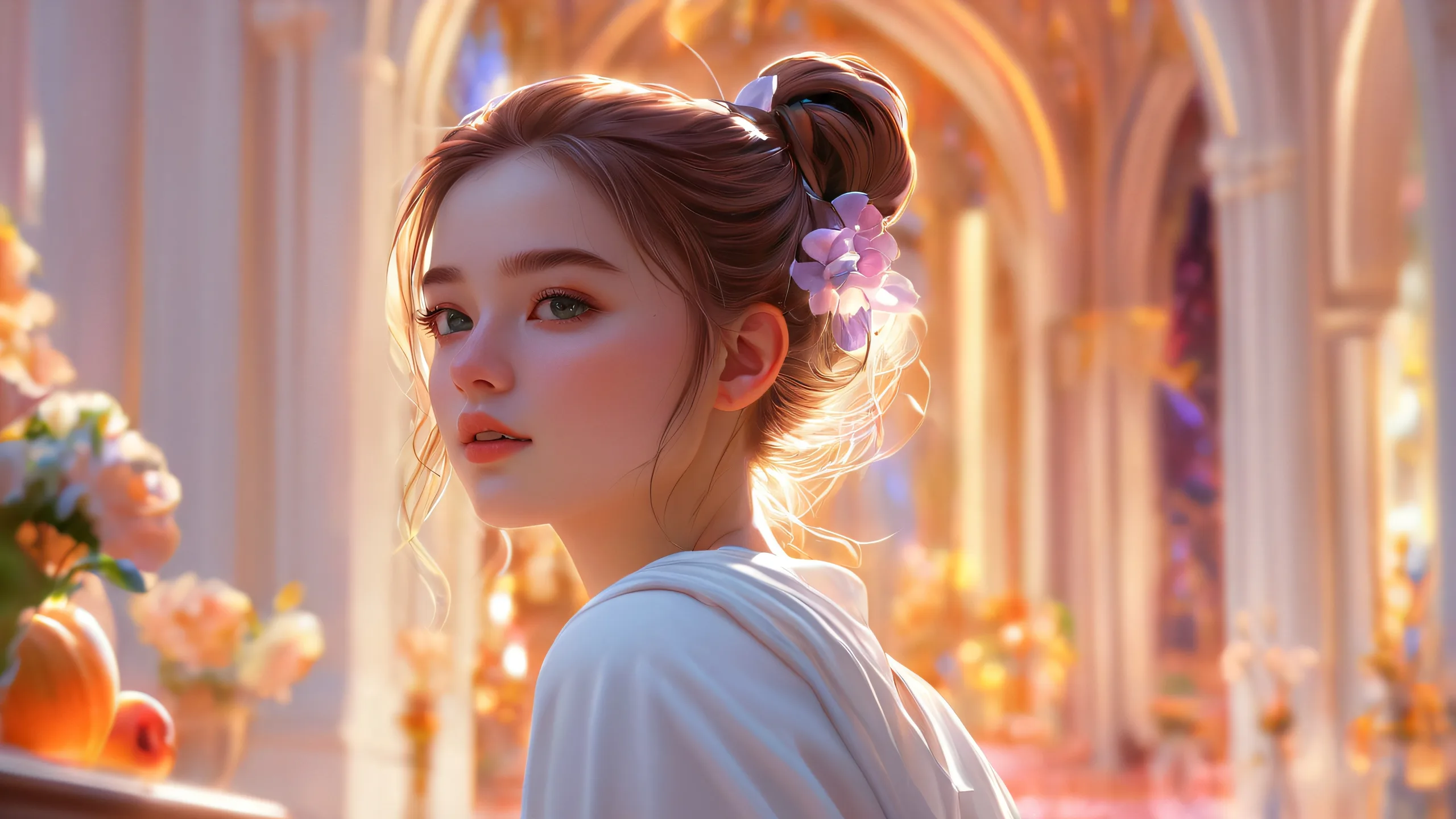 Ethereal Voidscape Symphony Aesthetic PC Wallpaper A breathtaking desktop wallpaper of a girl in a pure void with ethereal lighting and brilliant colors, suitable for desktop/pc backgrounds.