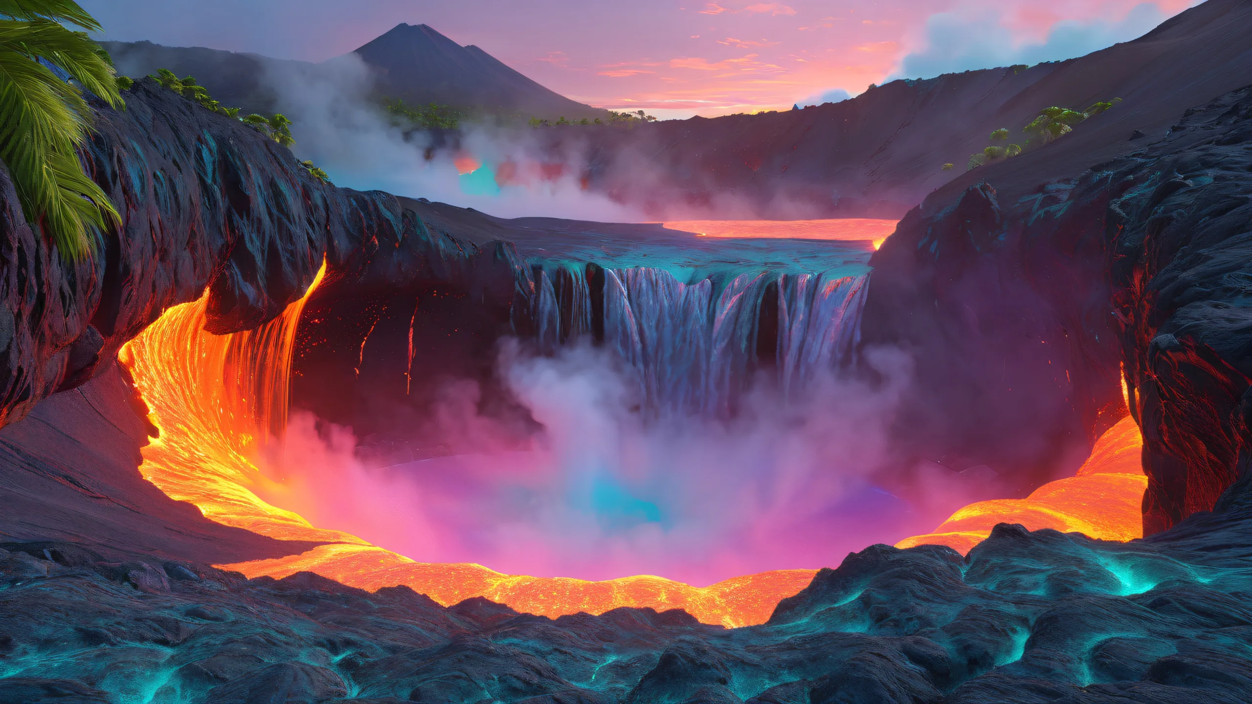 Glowing magma chamber desktop wallpaper for PC/monitor, featuring volcanic caldera with turquoise lava flows and tropical vegetation.