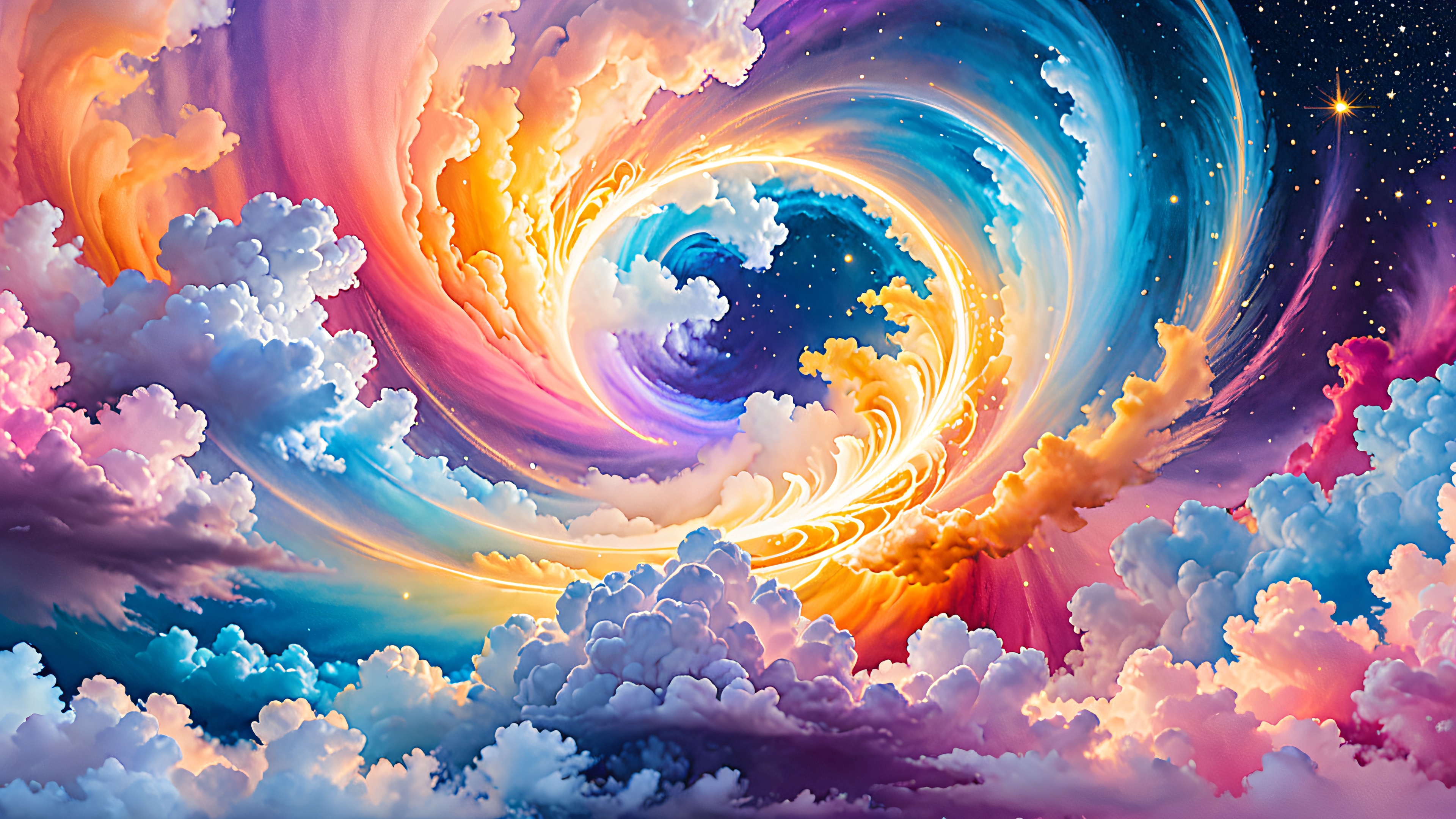 Abstract wallpaper featuring a swirling vortex of thought and clarity, with soft misty background and iridescent colors.