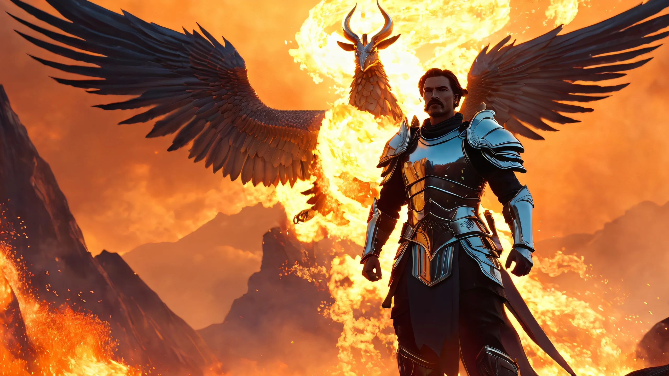 4K Ethereal Warrior's Apocalyptic Vigil Wallpaper for PC/Mac A mystical warrior with ethereal wings stands amidst a swirling vortex of smoke and flames on a desolate landscape, suitable for desktop/pc use.