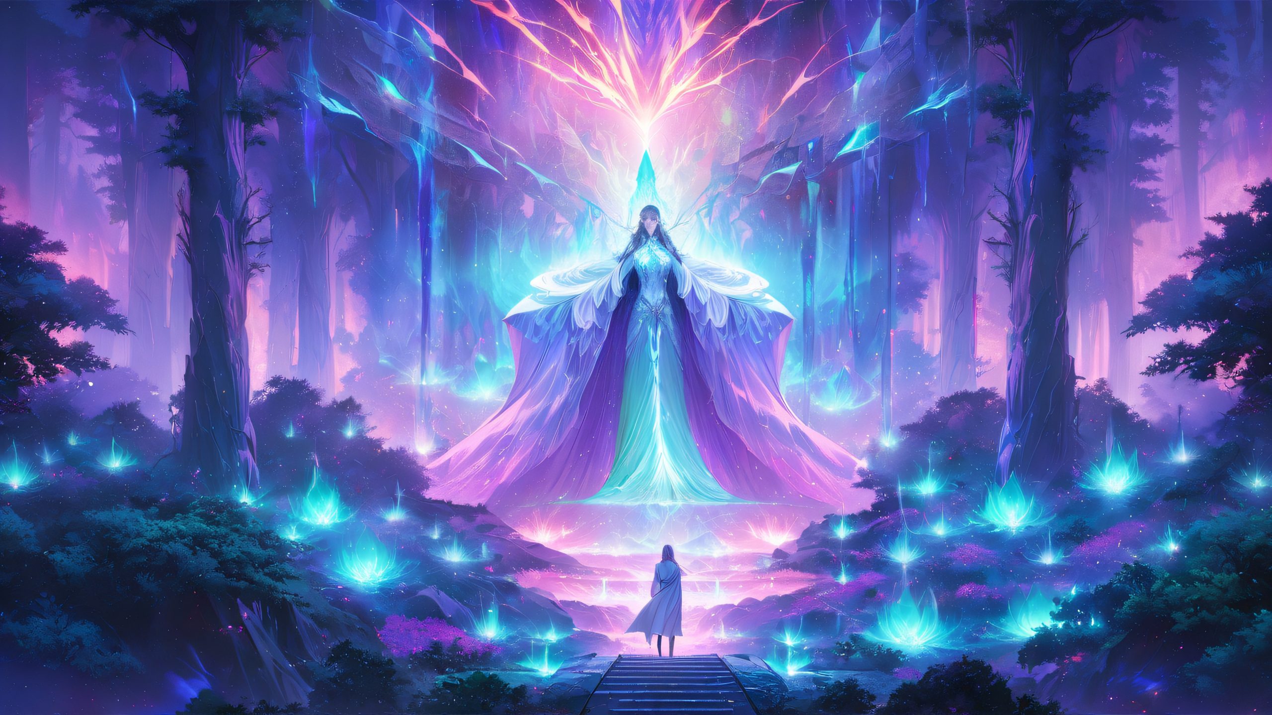 An agile warrior stands at the edge of a mystical portal, surrounded by a dense forest with ancient, glowing trees, for desktop/pc