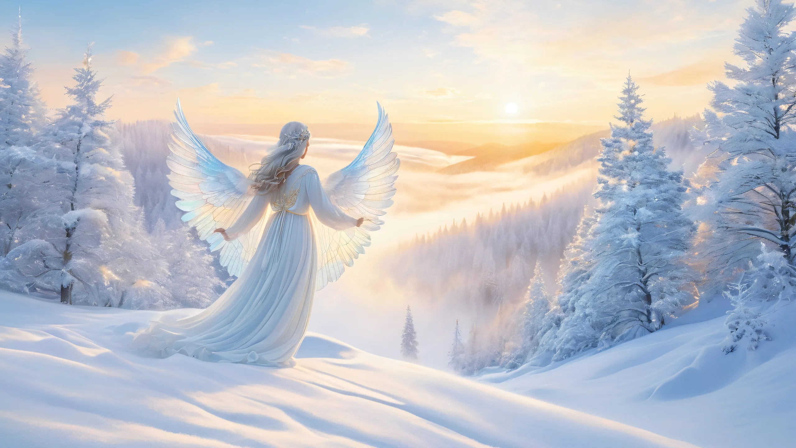 Ethereal Winter Serenade 4K UHD Wallpaper Delicate angel forms a snow angel shape on a winter landscape for desktop/pc use.