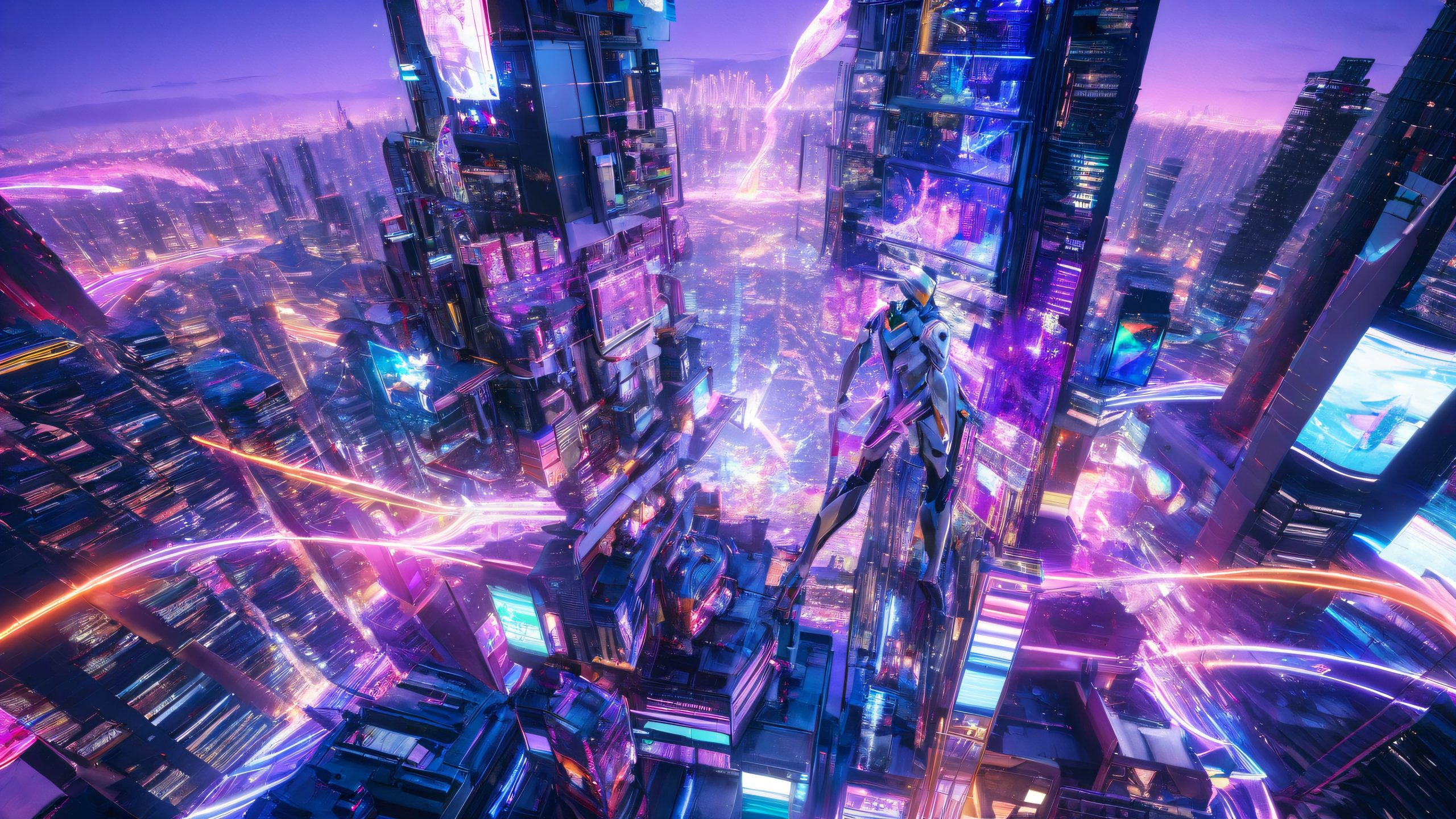 A futuristic cityscape with a humanoid robot, EVA-1, standing amidst the neon-lit metropolis, perfect for desktop PCs