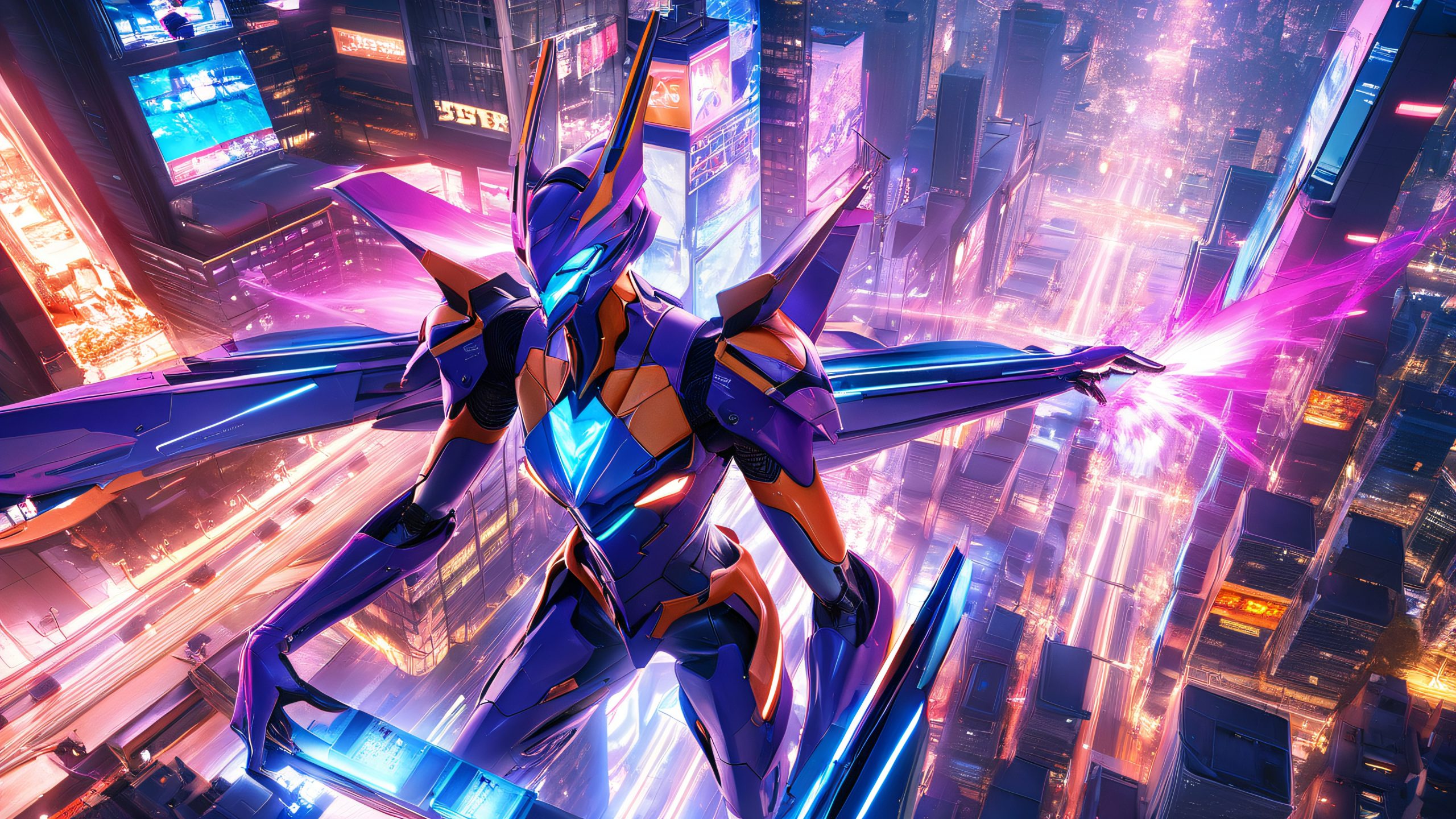 Eva Plunges into Neon Cityscape Aesthetic PC WallpaperConvient pour ordinateur de bureau/PC A 4K desktop wallpaper of Eva Unit-01 in mid-air over a bustling city at sunset, featuring neon-lit billboards and towering skyscrapers. Suitable for Desktop/PC.