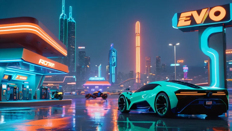 A futuristic gas station with sports cars and motorcycles on a dark, misty city night, suitable for desktop/pc.