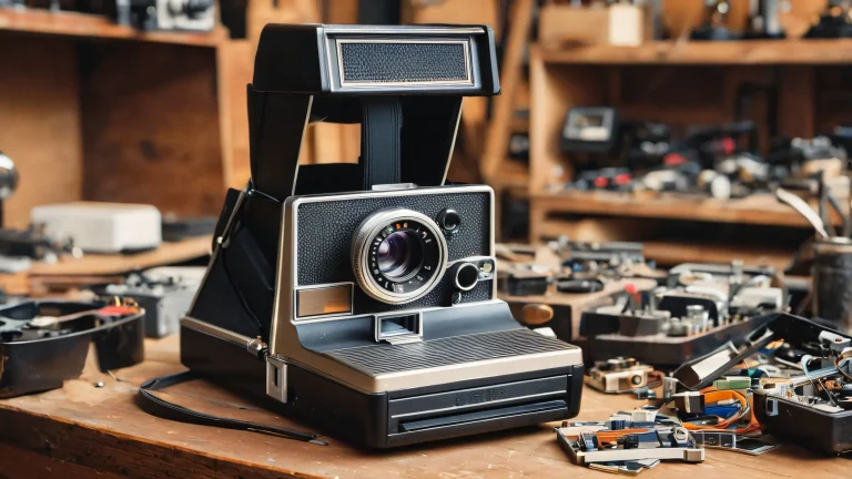 Retro instant film camera on a weathered wooden workbench amidst electronic components and tools in a dimly lit workshop or garage, suitable for desktop/pc use.