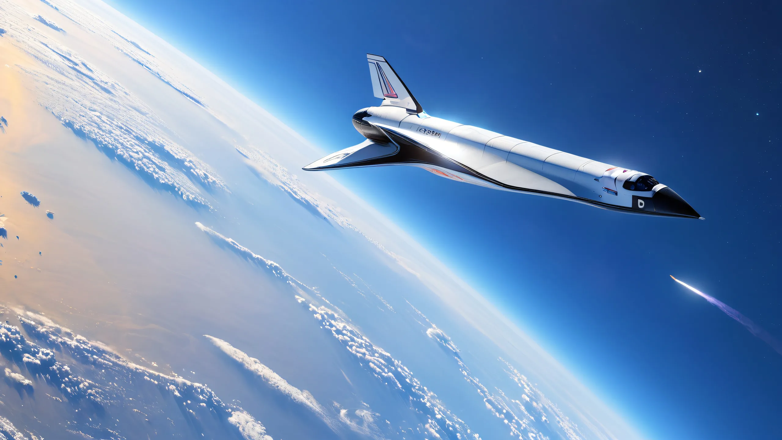 Sleek Falcon 9 rocket soaring into the dark blue sky with Starlink satellites and wispy clouds, suitable for desktop/PC