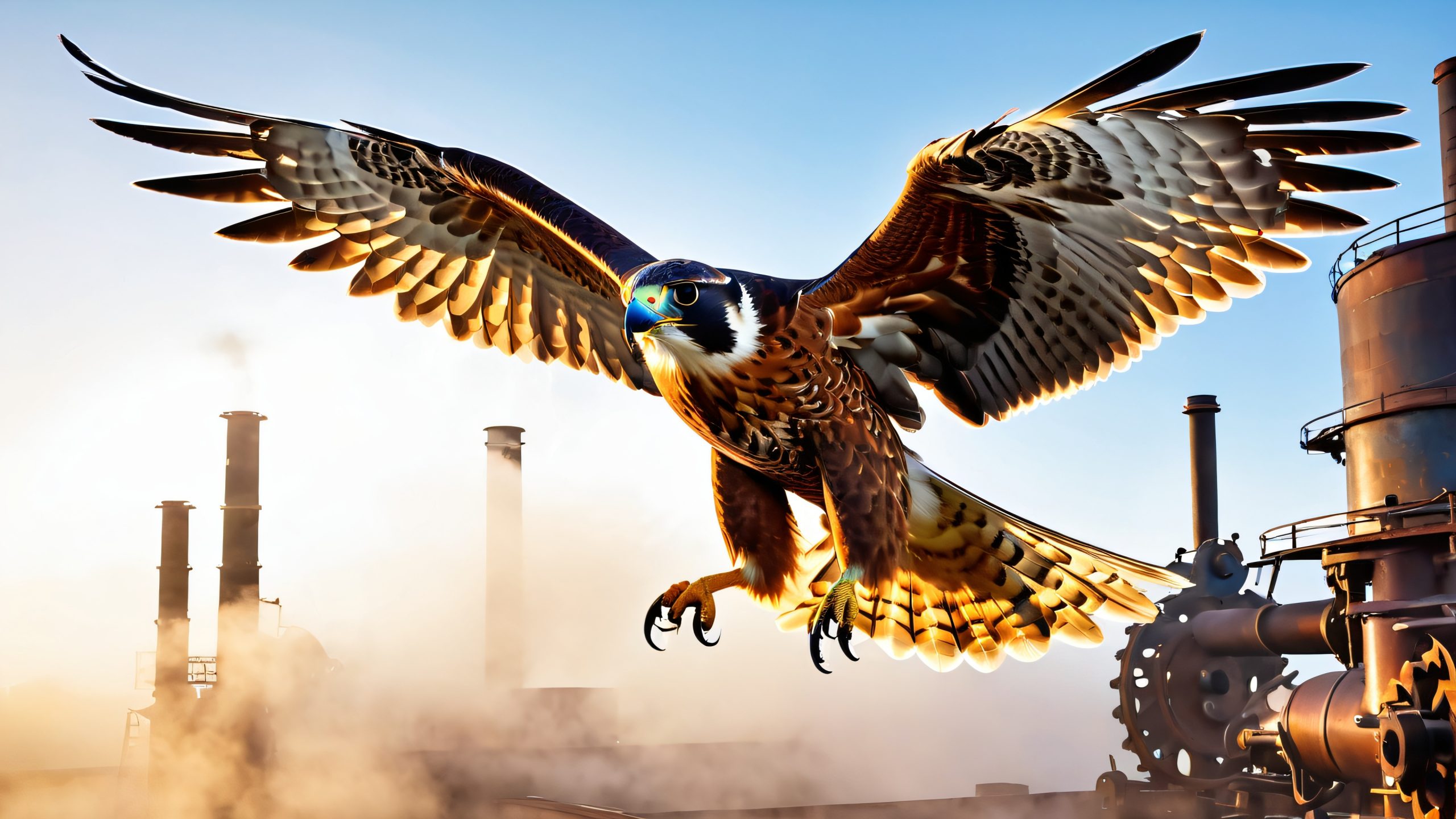 Epic Falcon's Whispering Machinery 4K Desktop Wallpaper A majestic falcon in flight on a fog-shrouded industrial factory floor with rusty machinery and clockwork mechanisms, suitable for desktop/pc use.