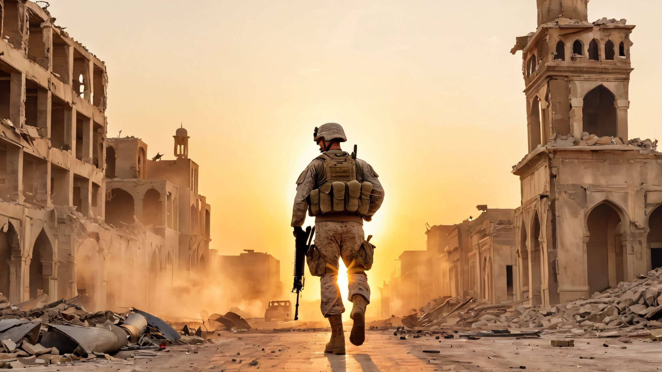 A U.S. Marine stands amidst the ruins of a destroyed cityscape, with the iconic minaret of Fallujah's Grand Mosque visible in the distance. Desktop/PC.