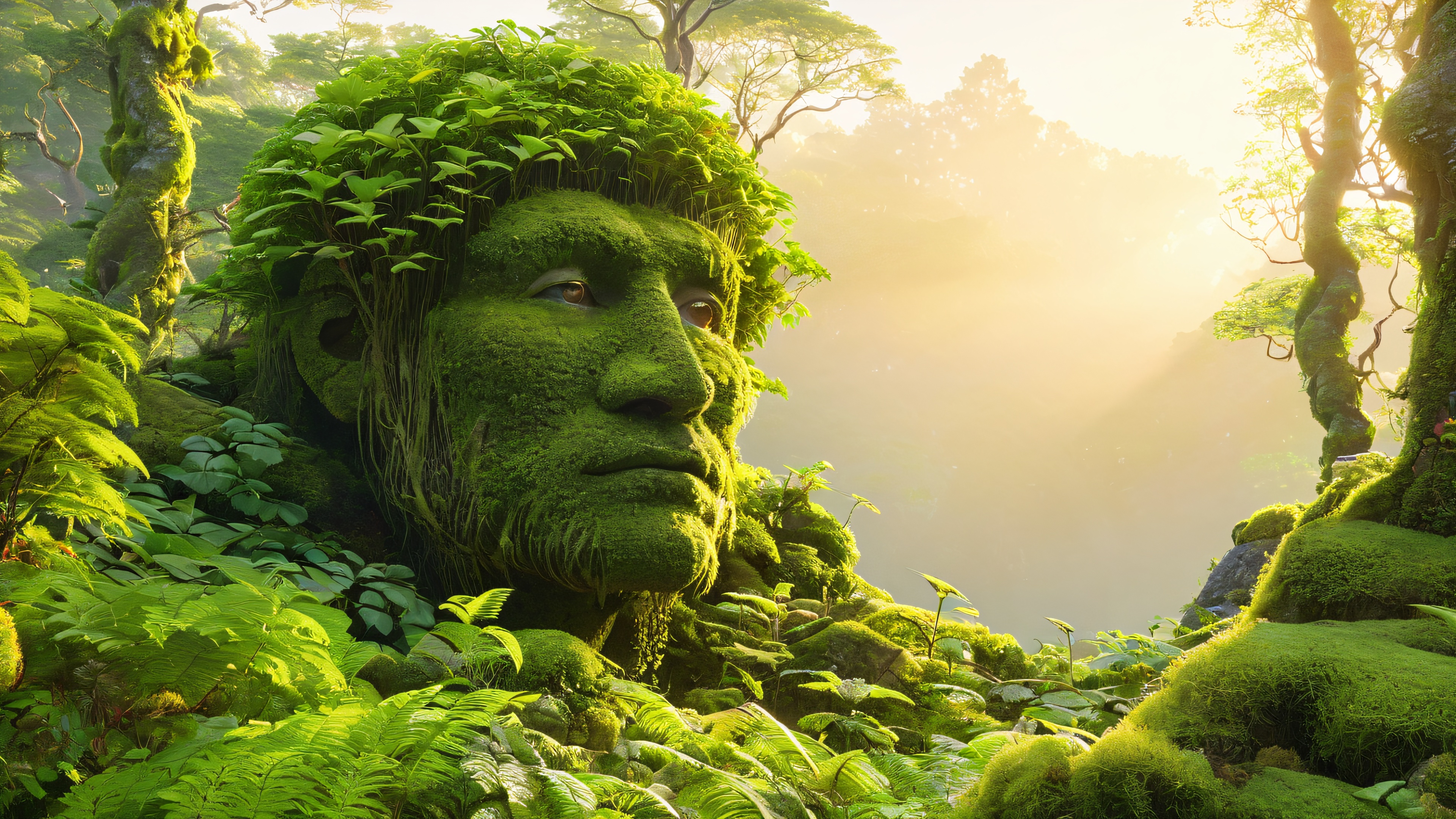 A golem stands tall amidst forest foliage, eyes glowing with soft light, surrounded by vines and creepers.