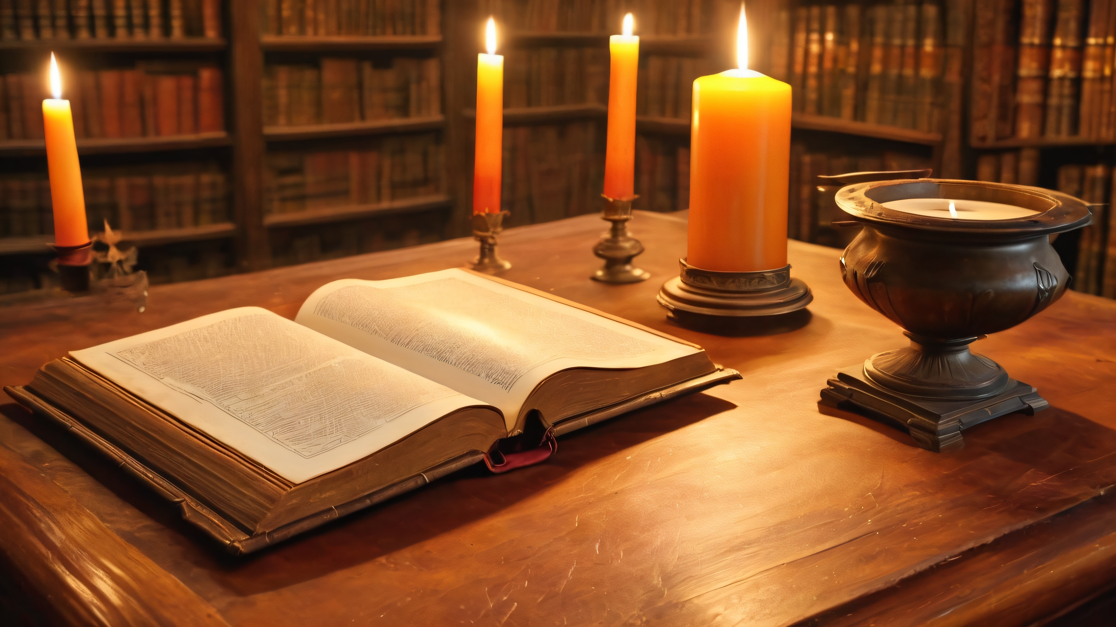 A weary mage rests beside a candle, surrounded by books and scrolls in a dimly lit library