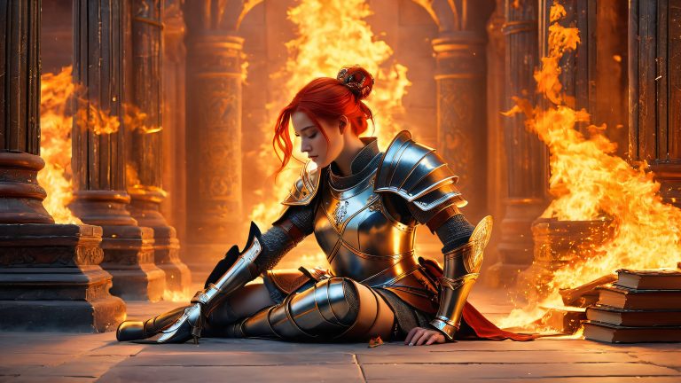 fantasy warrior saves ancient library from inferno scaled