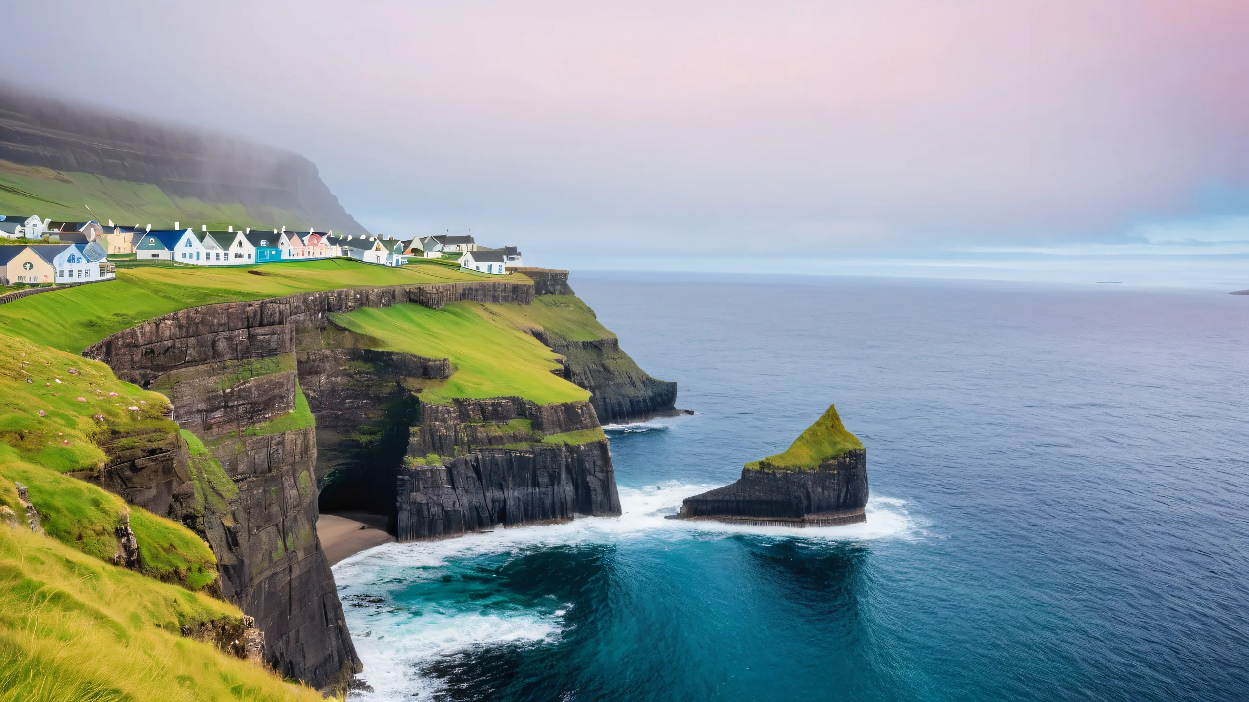 A serene Faroese island village perched on a rocky outcrop with a lighthouse and rugged cliffs, surrounded by crystal-clear waters. Perfect for desktop/PC.