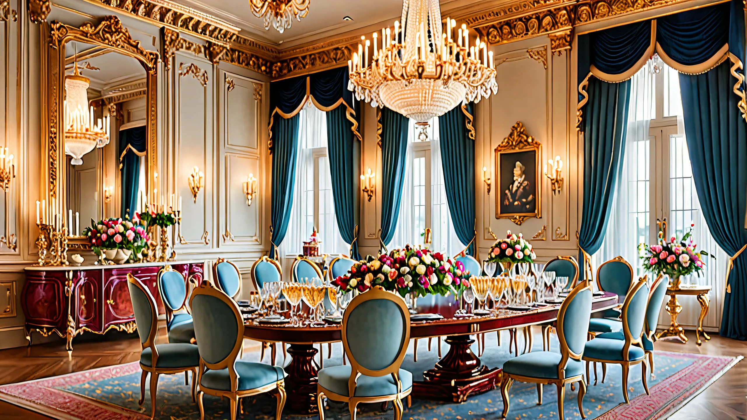 Epic Feline Gentlemen's Soiree 4K Desktop Wallpaper A gathering of anthropomorphic cats in top hats and monocles on a luxurious desktop or PC, surrounded by champagne bottles, playing cards, and a lavish buffet spread.