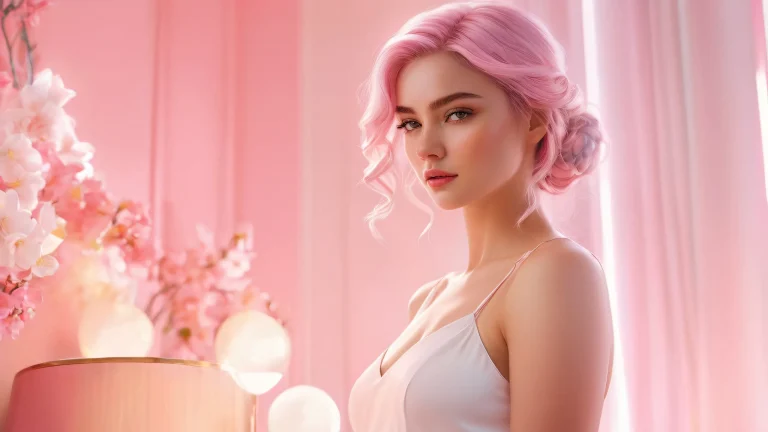 A stunning female figure in a stylized indoor setting, with softbox lighting and vibrant pastel pink and white colors, suitable for desktop or PC.