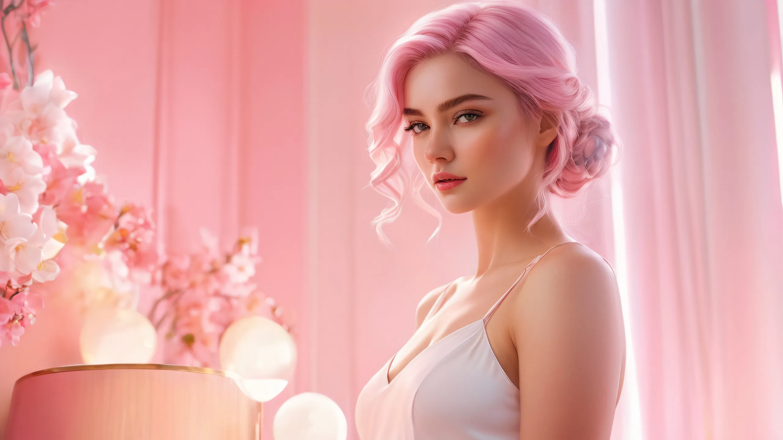 A stunning female figure in a stylized indoor setting, with softbox lighting and vibrant pastel pink and white colors, suitable for desktop or PC.