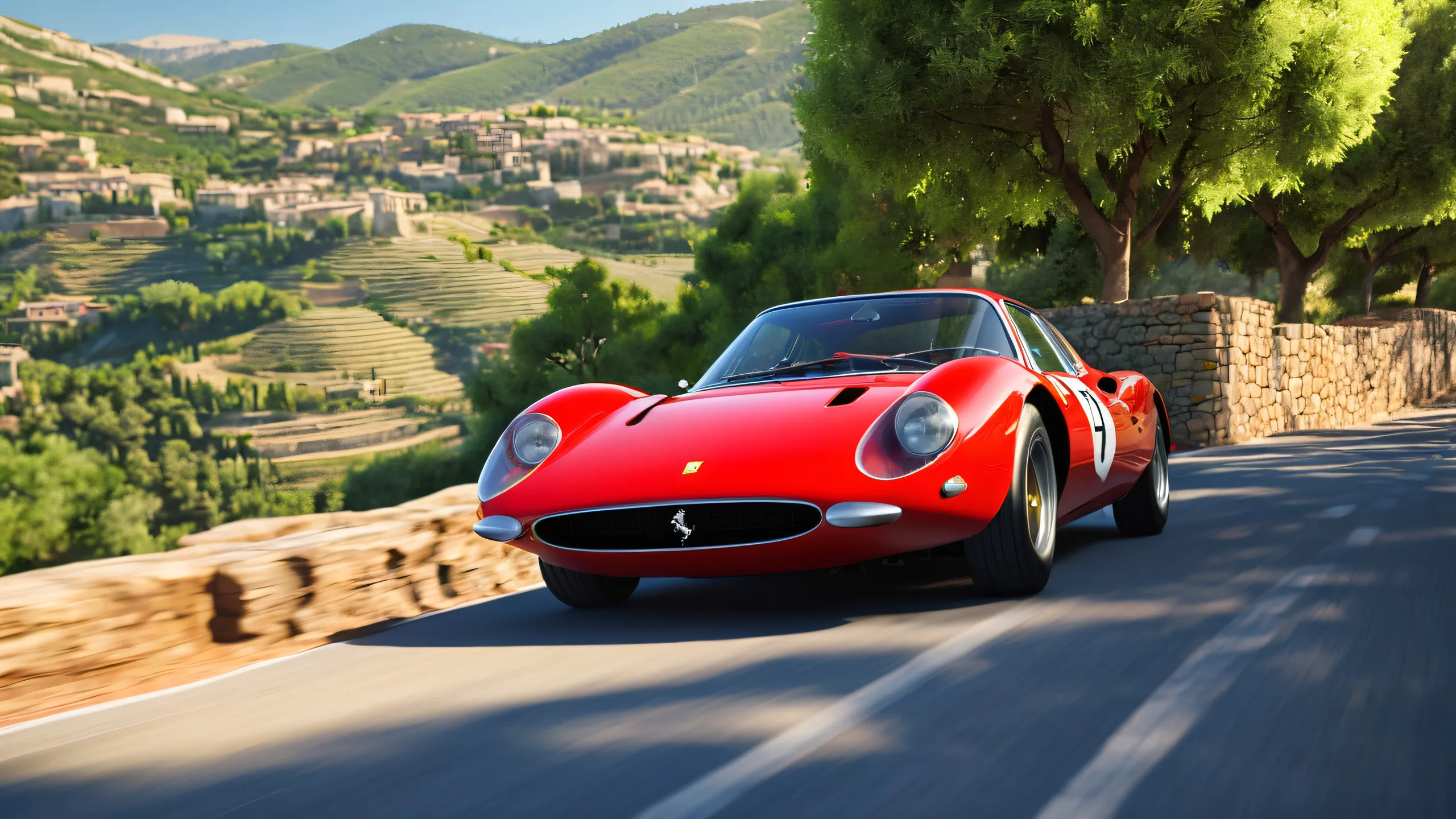 Stunning Racing Ferrari on Tuscan Hillside 4K Wallpaper A sleek Ferrari Dino 246 GT racing car on a sun-kissed Italian hillside, surrounded by greenery and stone walls, for desktop/pc use.