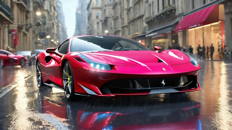 Ferrari F8 Tributo speeding down a rain-slicked city street, with a woman at the wheel, amidst modern skyscrapers and LED lights. Desktop/PC wallpaper.