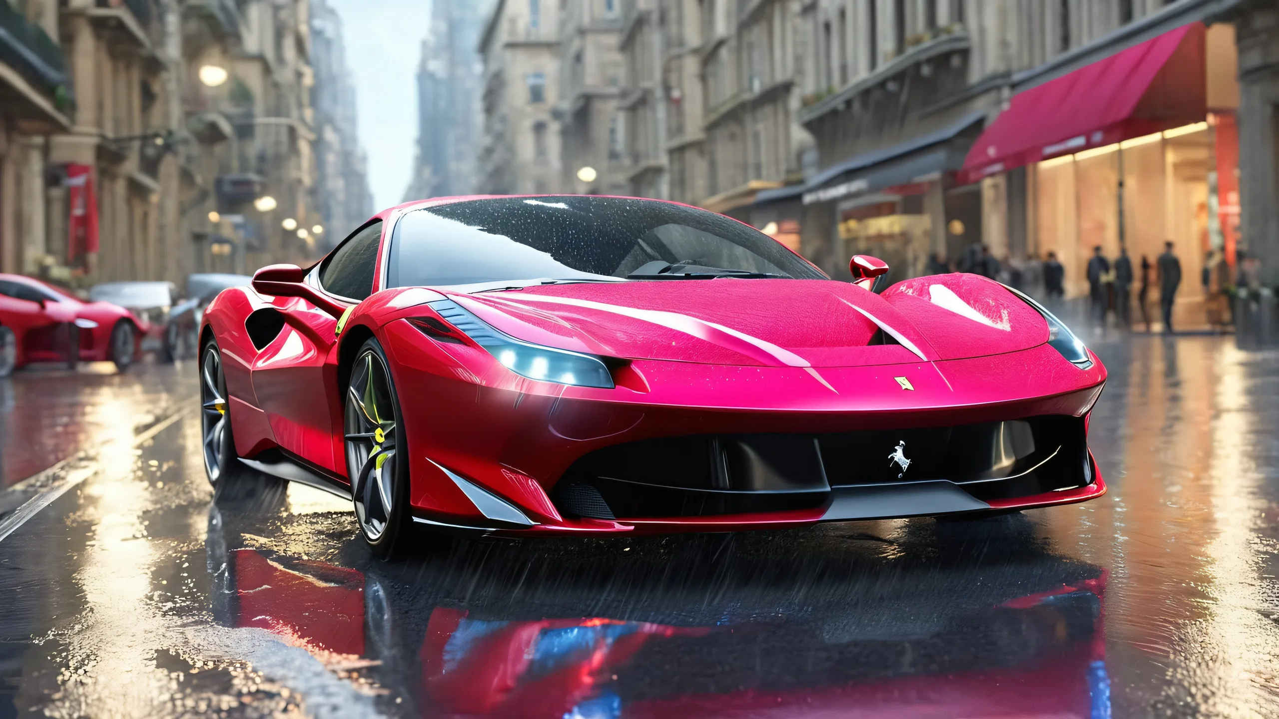 Ultra HD Rainy City Rush with Ferrari F8 Wallpaper Ferrari F8 Tributo speeding down a rain-slicked city street, with a woman at the wheel, amidst modern skyscrapers and LED lights. Desktop/PC wallpaper.