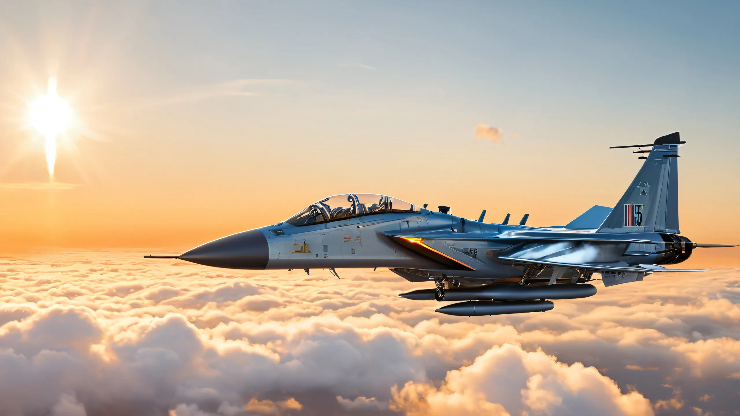 Fiery Copper Dawn Soar 4K Desktop Wallpaper Majestic F-156 Lynx III jet fighter in a steampunk-inspired desktop wallpaper with swirling clouds and contrails, perfect for Desktop/PC.