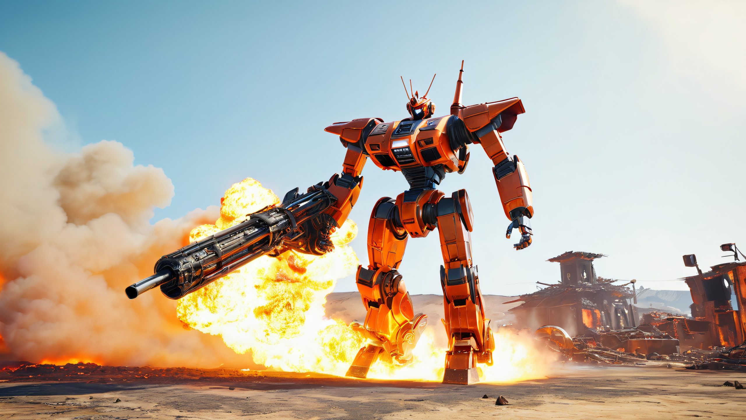 Desktop/PC wallpaper of a towering Mazin Emperor Z robot charging forward with its Burning Blaster, set against a post-apocalyptic wasteland with ruins and debris.