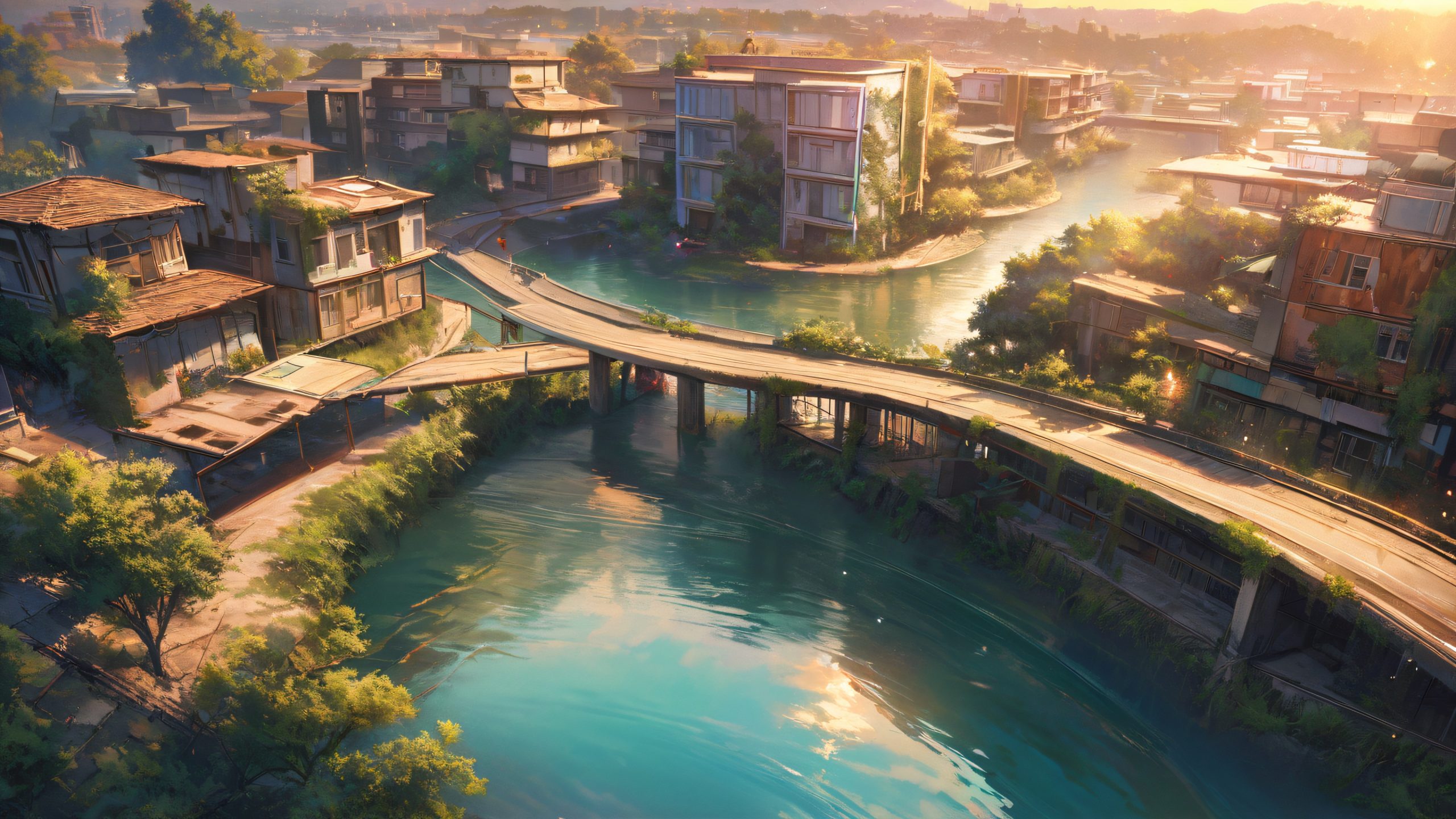 Flooded City Sunset 4K Desktop Wallpaper A young adult sits calmly amidst a flooded street with an anime-style sunset in the background.