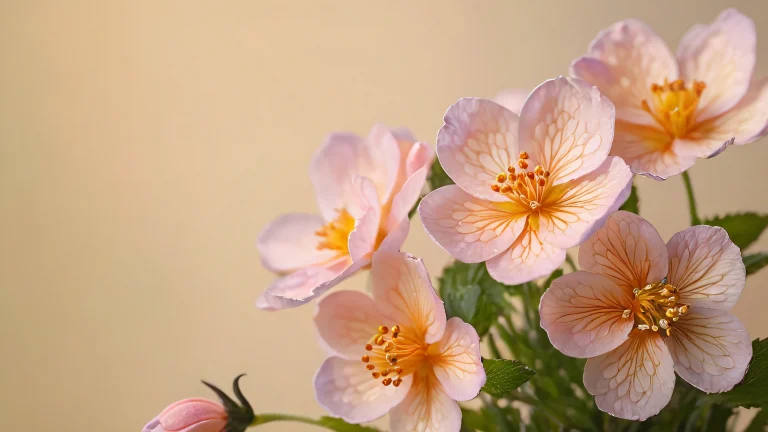 A highly detailed floral arrangement with intricate petals and stamen, featuring a softbox lighting effect and pastel color palette.