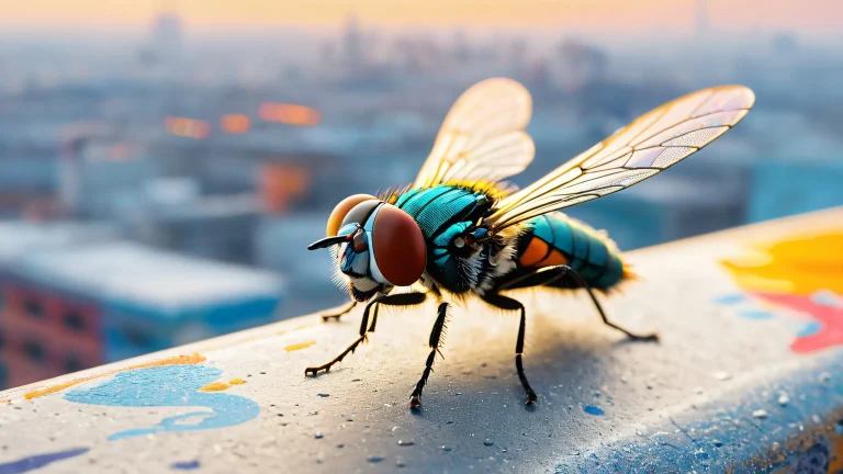 A majestic fly perched on a vintage skateboard against an industrial cityscape with vibrant graffiti for desktop or PC use.