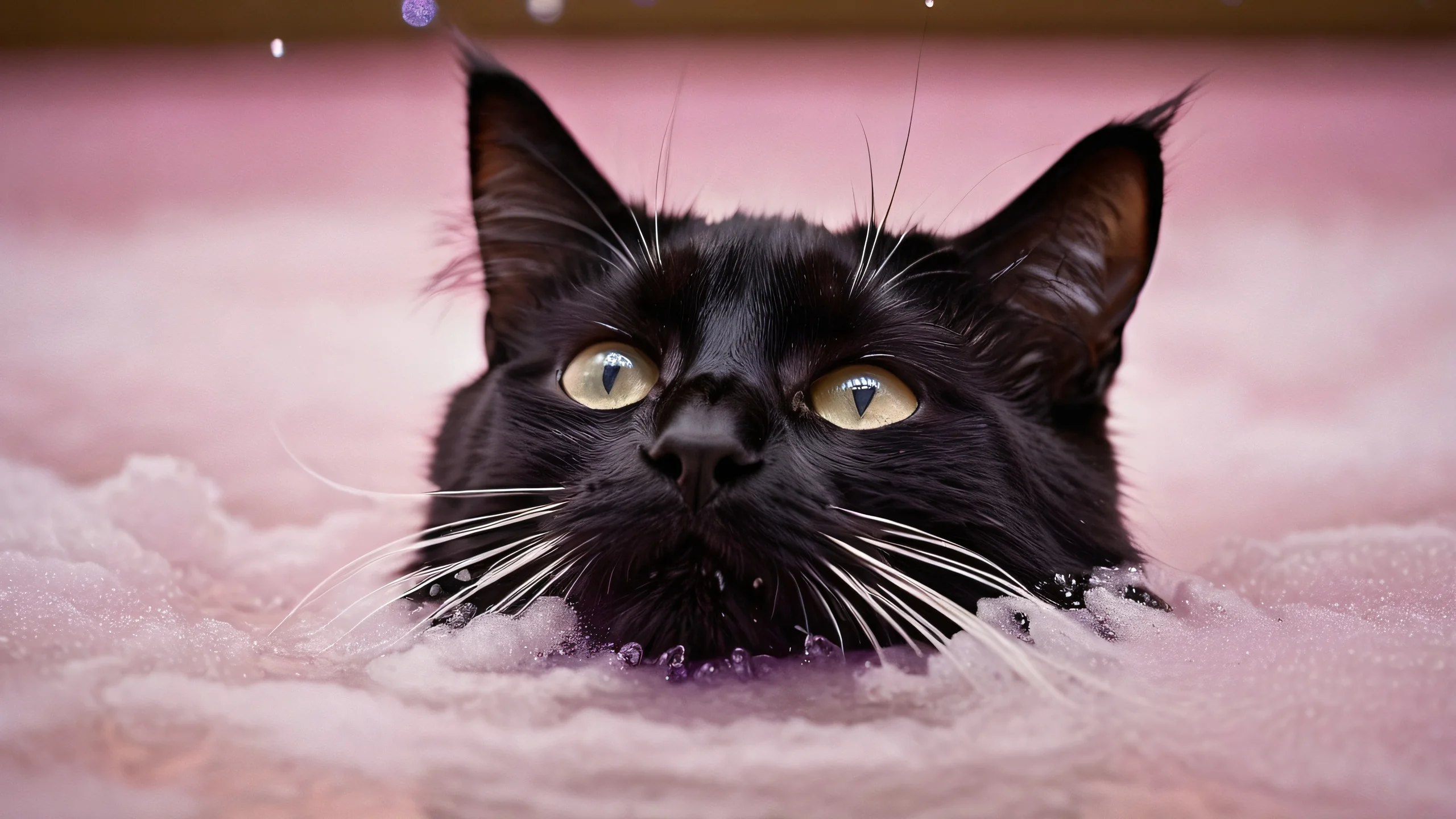 Epic Foamy Feline Oasis Desktop Wallpaper A surreal underwater scene featuring a black cat's nose amidst soap suds and wispy whiskers, with creamy bokeh and gentle highlights.
