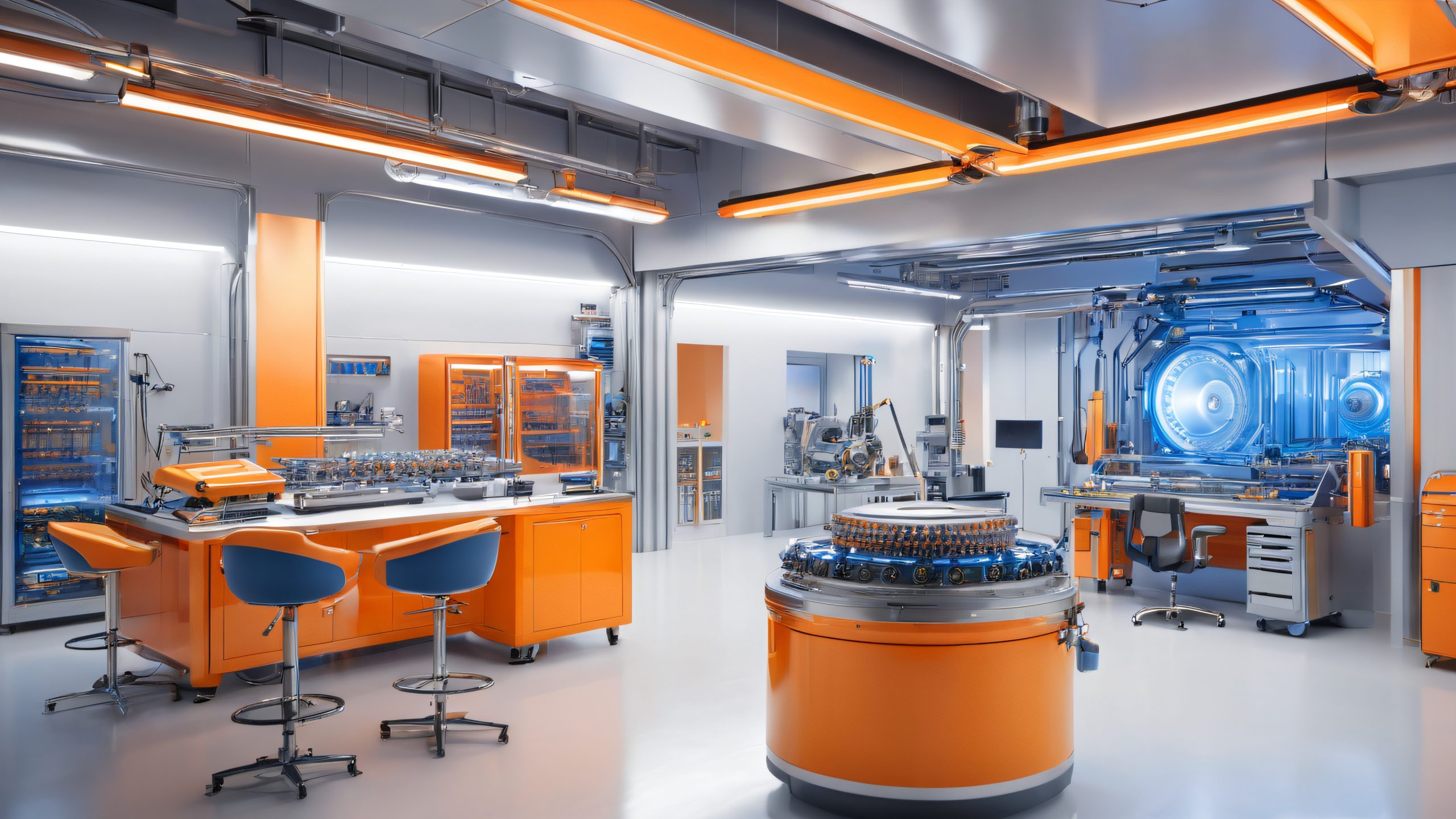 Futuristic workshop with designer measuring and designing on desktop/pc