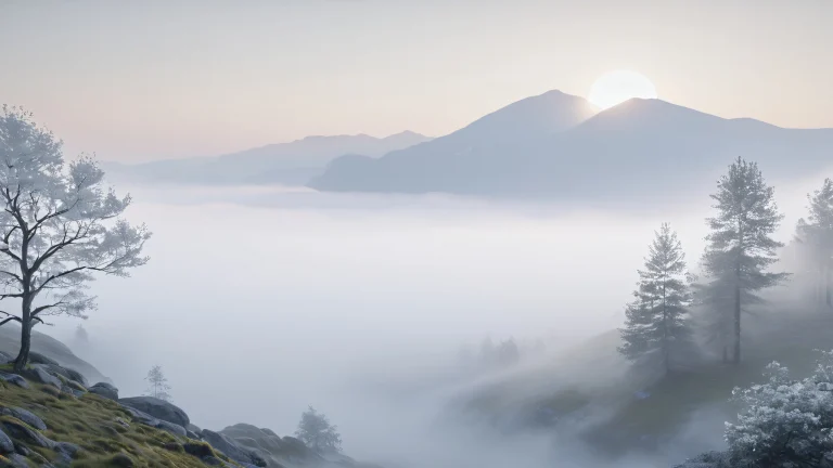 Unreal shapes in a foggy morning landscape with softly lit mist and subtle grey and white tones.