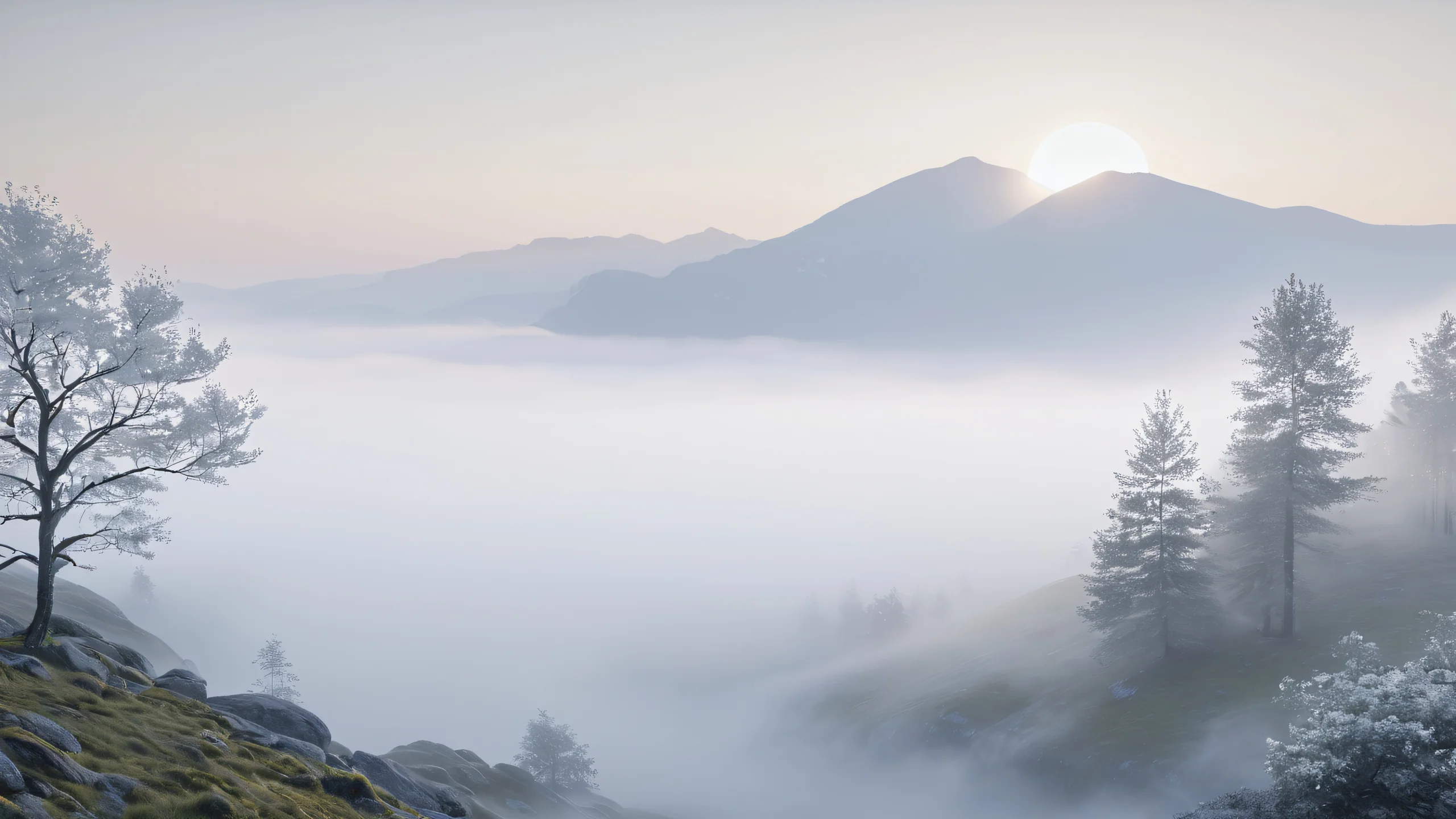 Aesthetic Foggy Geometry Dawn Background Unreal shapes in a foggy morning landscape with softly lit mist and subtle grey and white tones.