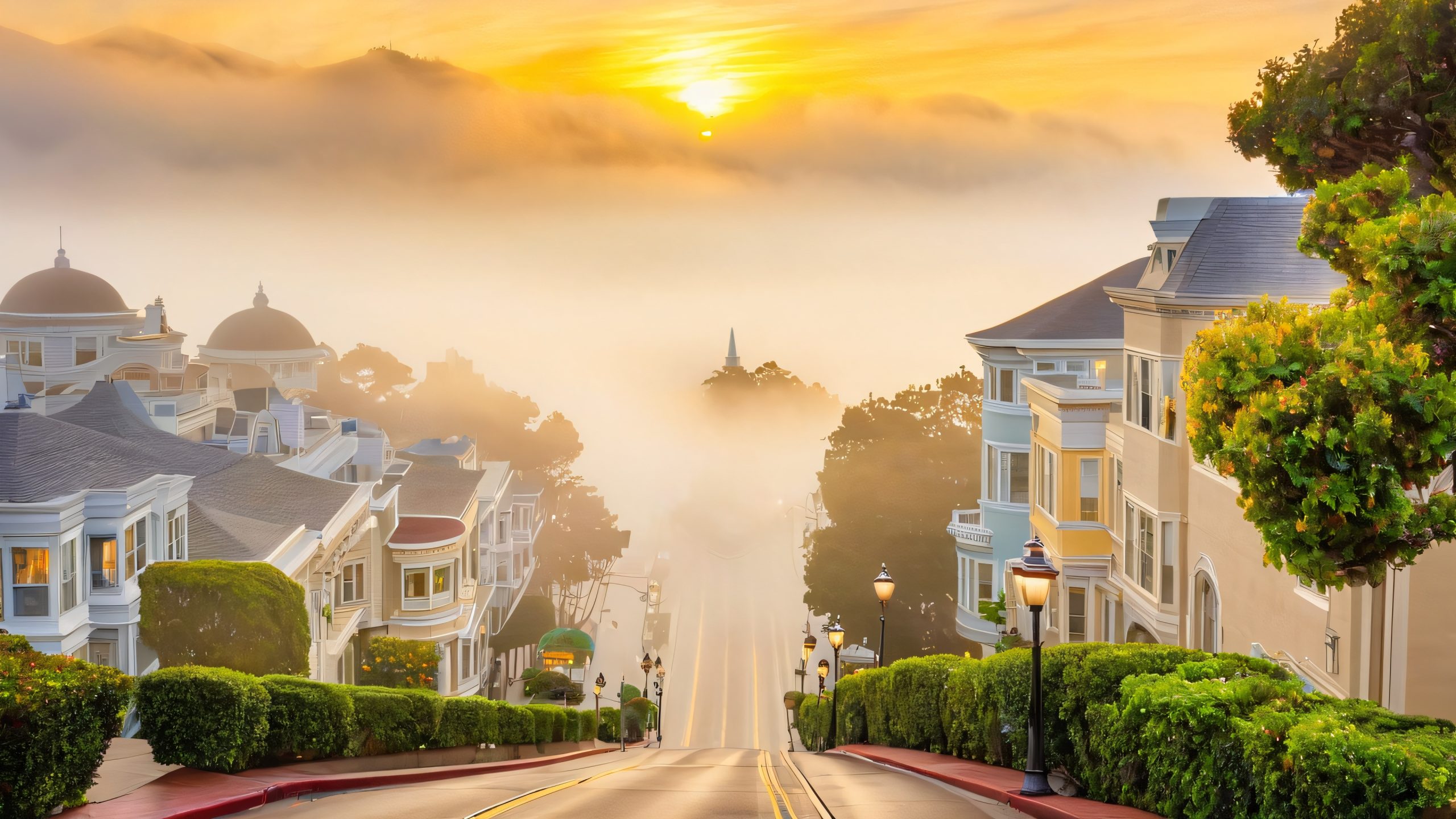 A foggy cityscape of Victorian-era buildings and street lamps on a winding road, suitable for desktop/pc use