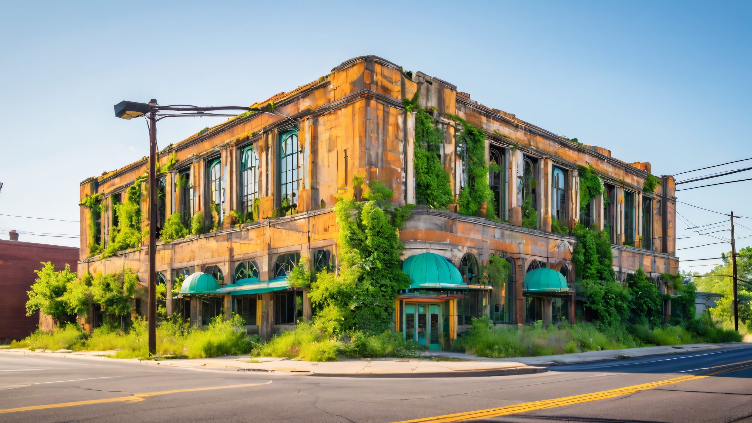 Abandoned Charlotte landmark desktop wallpaper with a former art deco building standing amidst urban sprawl, concrete, metal, and nature.