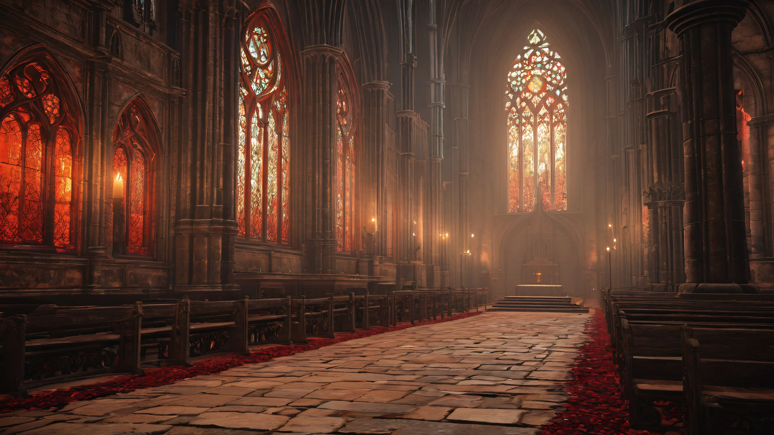 Ancient chapel with crumbling stone walls and stained glass windows for desktop/pc