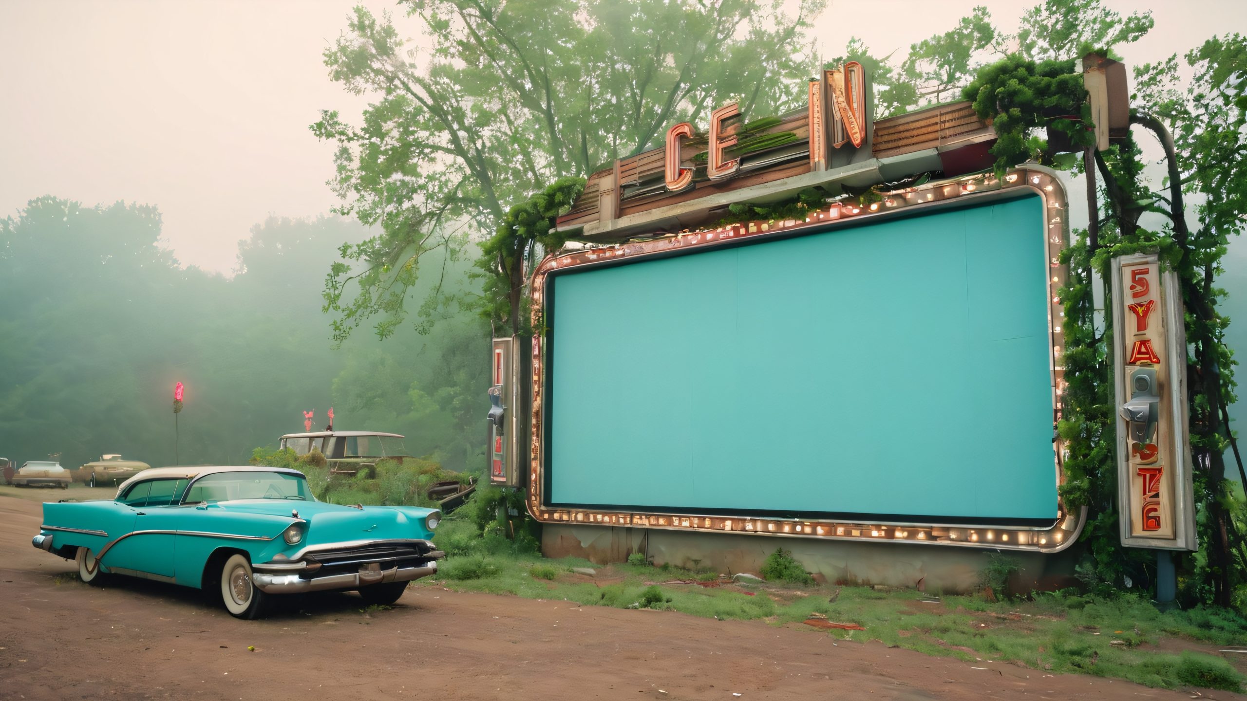 Forgotten Drive-In Dreamscape Aesthetic PC Wallpaper A forgotten drive-in theater with a classic film on the giant screen, amidst overgrown vines and rusting speakers, for Desktop/PC use.