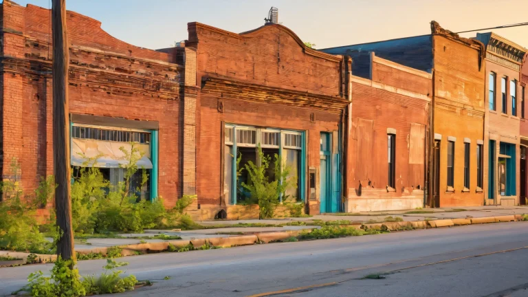 Abandoned Main Street of Historic Brownsville, Pennsylvania. Desktop/PC wallpaper with crumbling brick facades, rusty street lamps, and overgrown trees.