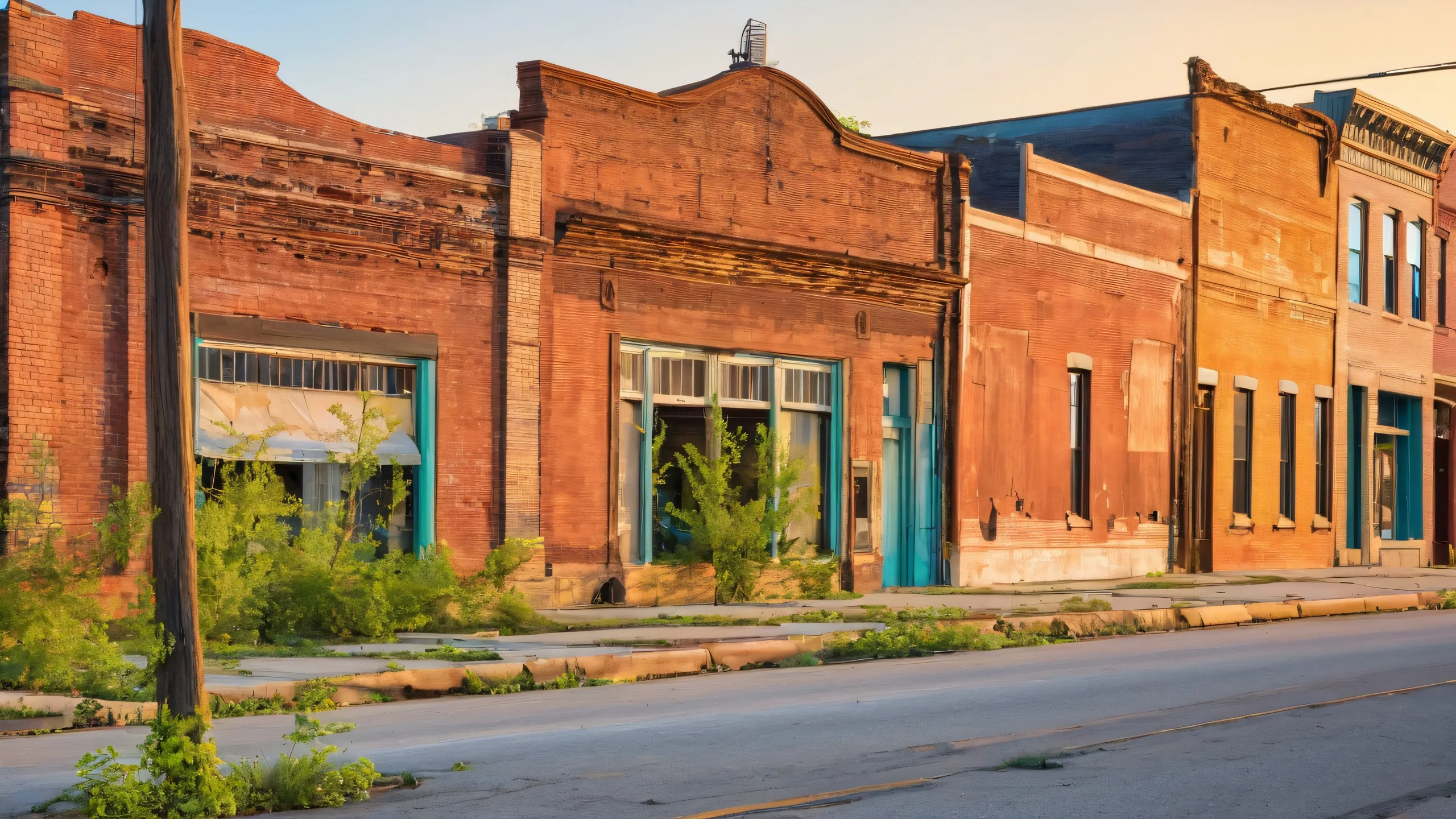 Abandoned Main Street of Historic Brownsville, Pennsylvania. Desktop/PC wallpaper with crumbling brick facades, rusty street lamps, and overgrown trees.