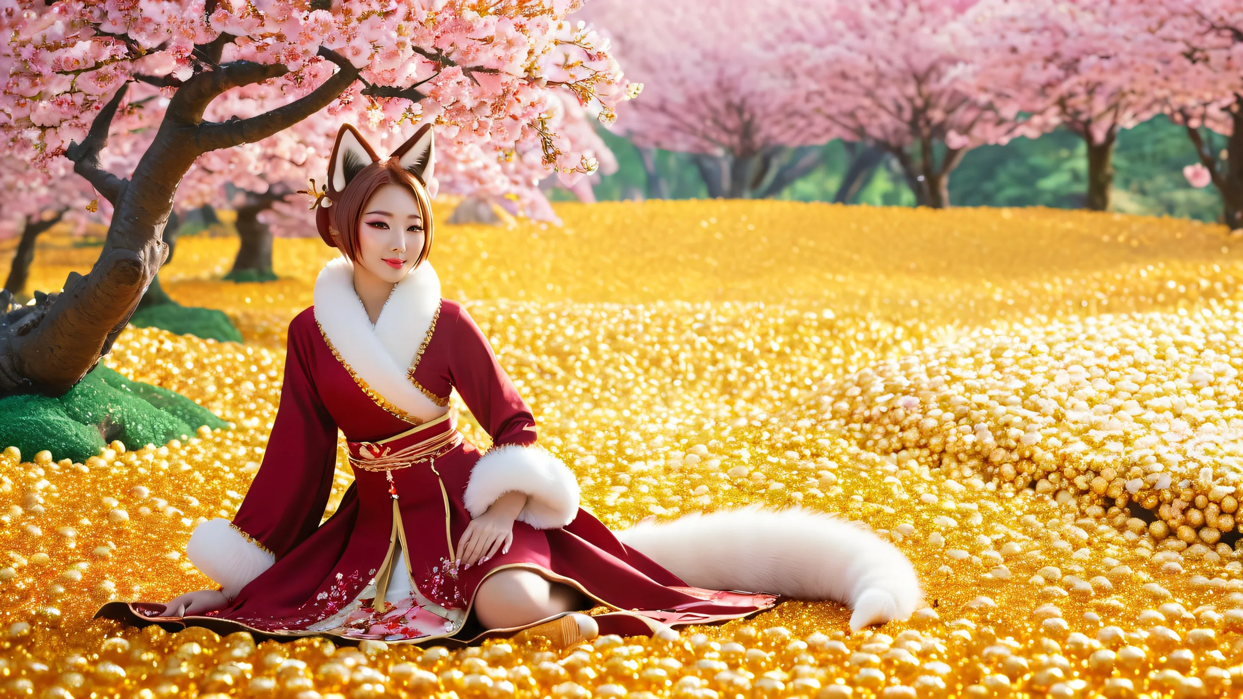 Epic Foxgirl in Cherry Blossom Dreamscape 4K Desktop Wallpaper A whimsical desktop wallpaper featuring a kitsune-foxgirl with nine tails in a chocolate-themed cosplay, surrounded by cherry blossoms and edible gold dust, perfect for PC or Desktop.