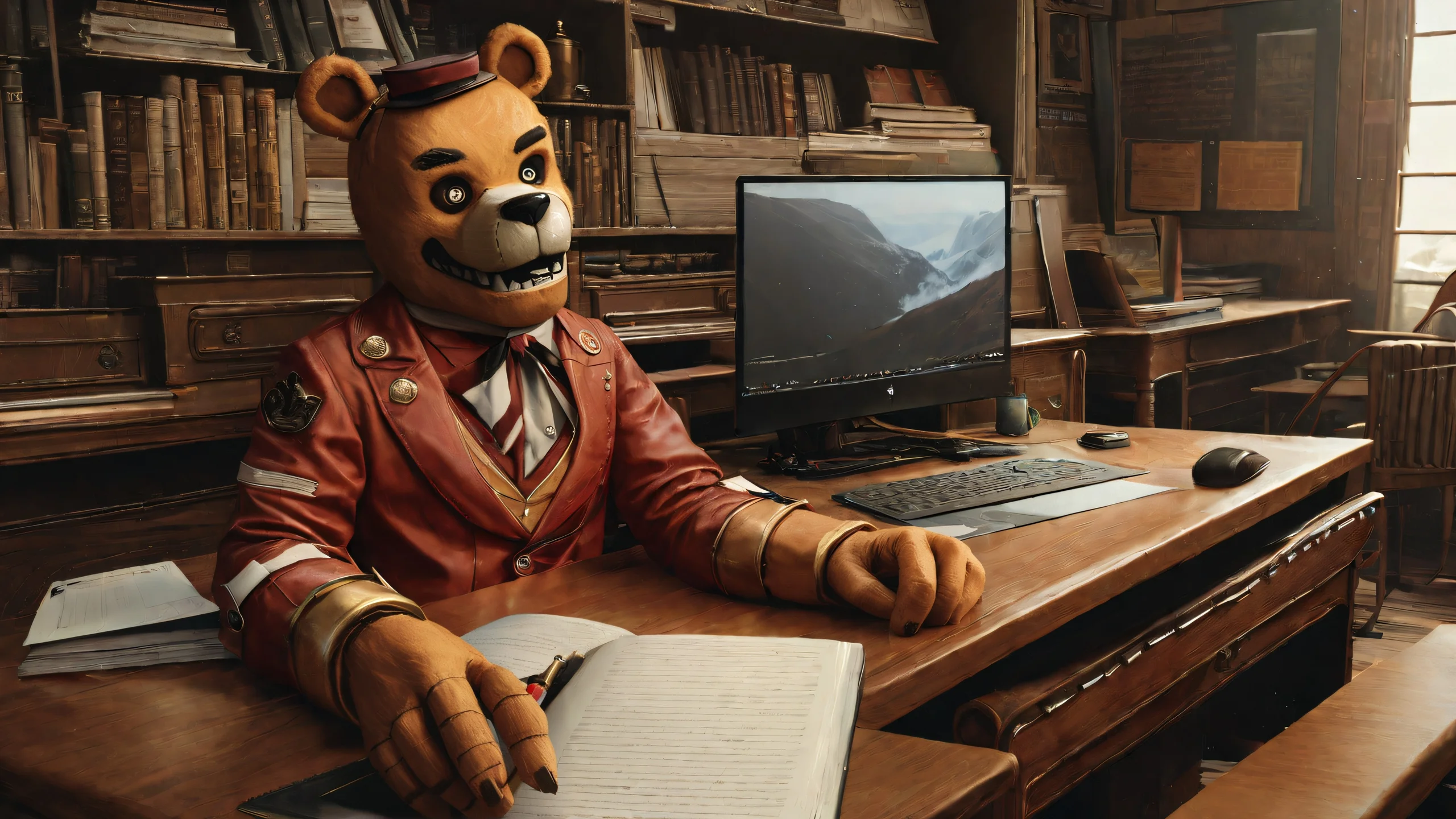 Freddy's Dark Corner 4K UHD Wallpaper A dark and dimly lit desk scene featuring Freddy Fazbear in a realistic and highly detailed style.