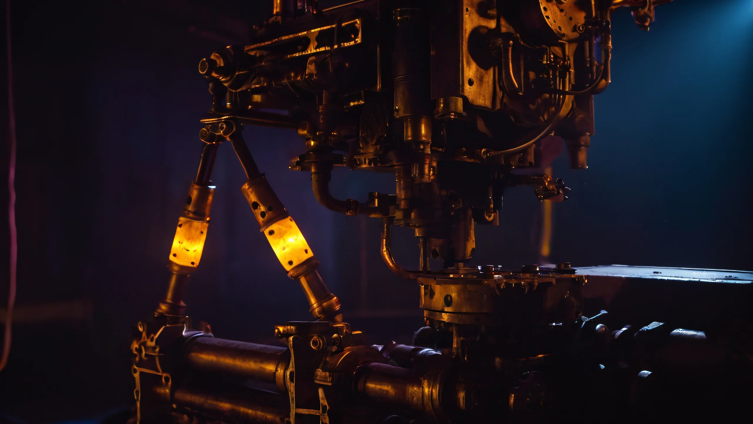 Stunning Freddy's Mechanical Limbs Wallpaper Hydraulic machinery textures on Freddy Fazbear's mechanical limbs with bokeh and neon lights