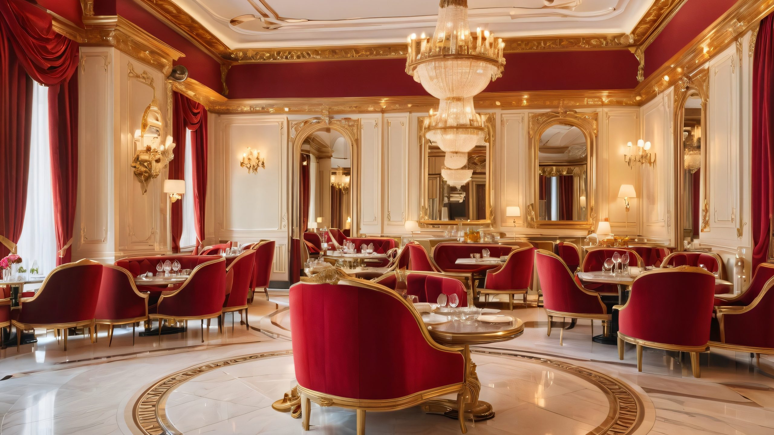Luxurious French restaurant desktop wallpaper with grand staircase, marble floors, and ornate chandeliers, set within a richly upholstered interior with plush red velvet curtains, velvet armchairs, and antique wooden tables, for Desktop/PC